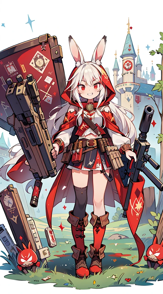 (masterpiece), Best quality, Fantasy art, 1 girl,One, a girl firing her long machine a gun in A magical land, white_hair, long hair, wicked, grin, smile, (red_hood:1.4), bunny ears, long coat, skirt, boots, (((ammunition belt))), a gun, bullet casing, machine a gun, Weapon, (A magical land:1.2), Castle