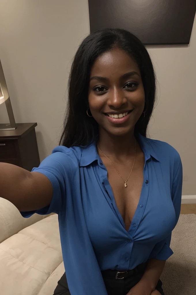 Asha, 1girl, solo, (((Ebony))), (((Dark skin))), (((SFW))), 30 years old, (mature), fully naked, capturing a selfie, taking a selfie shot, smiling, ((wearing a blue blouse))