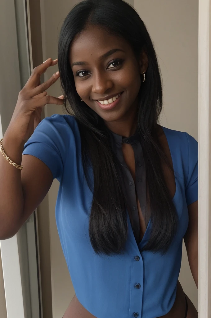 Asha, 1girl, solo, (((Ebony))), (((Dark skin))), (((SFW))), 30 years old, (mature), fully naked, capturing a selfie, taking a selfie shot, smiling, ((wearing a blue blouse))