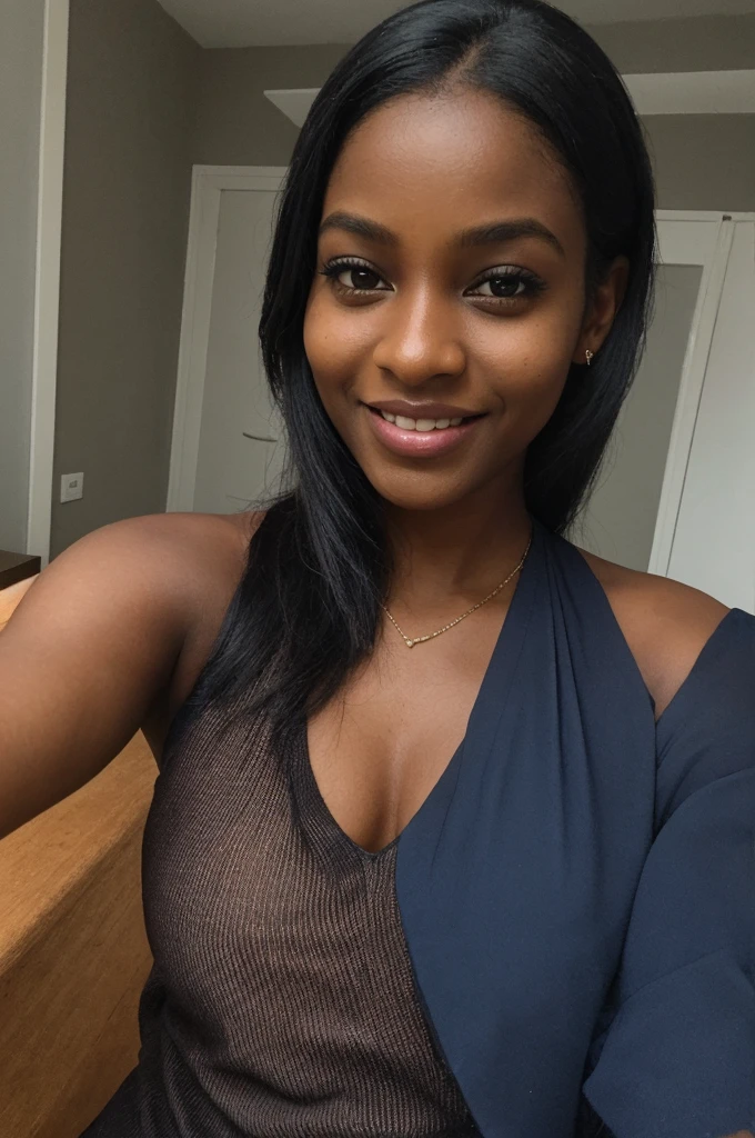 Asha, 1girl, solo, (((Ebony))), (((Dark skin))), (((SFW))), 30 years old, (mature), fully naked, capturing a selfie, taking a selfie shot, smiling, ((wearing a blue blouse))