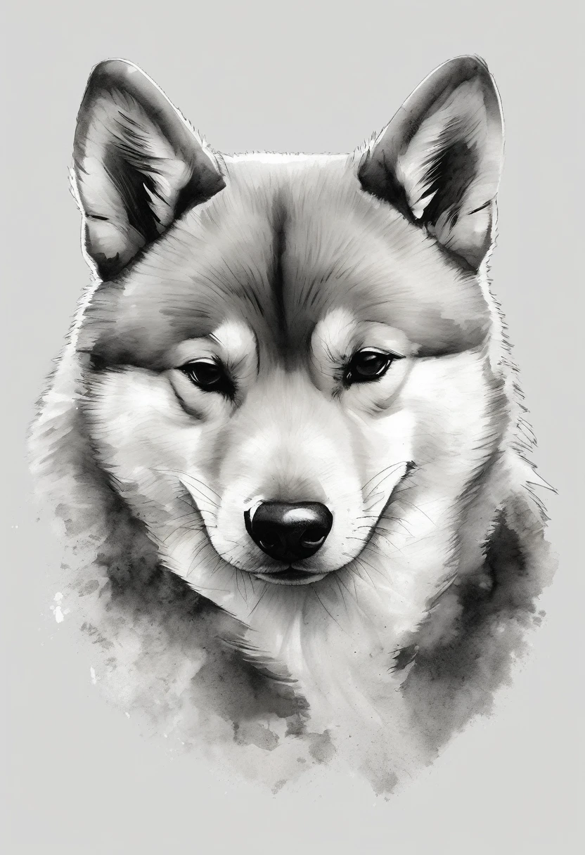 "Dynamic ink brushstroke style, black and white only: illustration by a professional illustrator, featuring a cute wolf pup or Shiba Inu, action shot, high detail, white background, sharp focus, full body, masterpiece, highly detailed, high quality, artistic sumi ink painting, Japanese style, icon, single animal. Please ensure to include a circular motif for an icon design. A sleeping Shiba Inu with very realistic fur depiction, surreal expression, artistic circular motif for an icon design. Features detailed whiskers, blue eyes, cheek whiskers, Japanese dog, Japanese-style design."