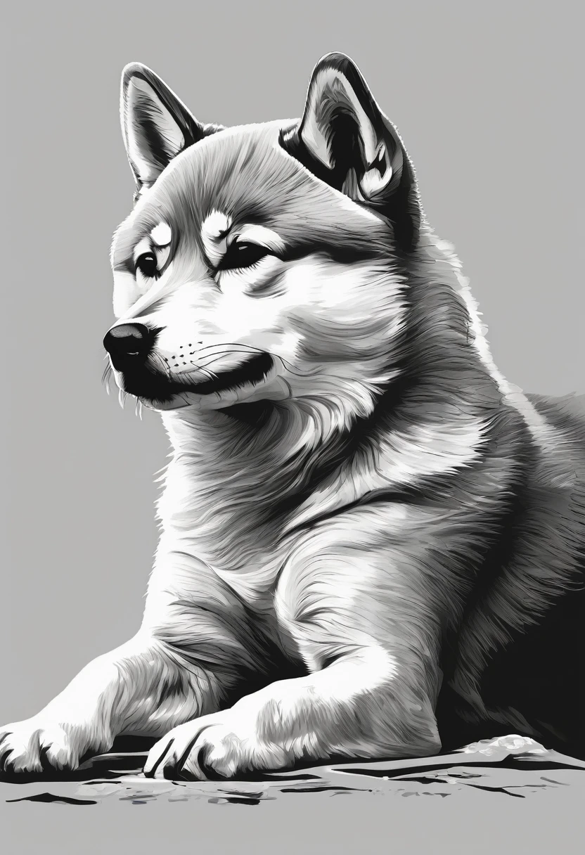 "Dynamic ink brushstroke style, black and white only: illustration by a professional illustrator, featuring a cute wolf pup or Shiba Inu, action shot, high detail, white background, sharp focus, full body, masterpiece, highly detailed, high quality, artistic sumi ink painting, Japanese style, icon, single animal. Please ensure to include a circular motif for an icon design. A sleeping Shiba Inu with very realistic fur depiction, surreal expression, artistic circular motif for an icon design. Features detailed whiskers, blue eyes, cheek whiskers, Japanese dog, Japanese-style design."