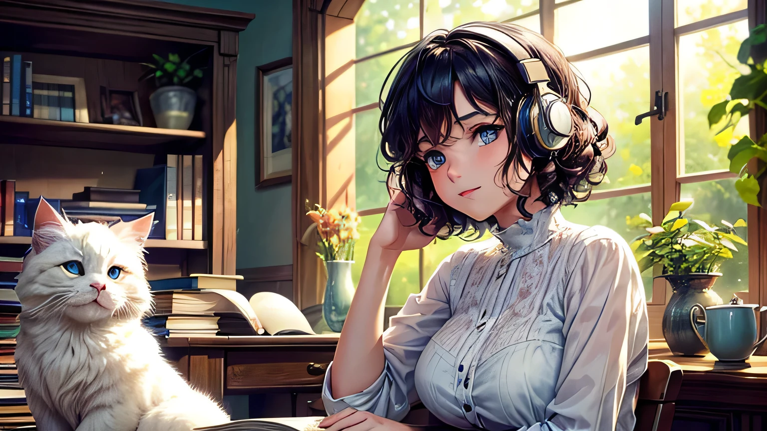 A young woman with short, curly hair sits engrossed in a fantasy novel at a wooden desk. Sunlight streams through a window, illuminating dust motes dancing in the air. A fluffy white cat with bright blue eyes curls contentedly on a stack of worn paperbacks beside a steaming mug of tea. Gentle lofi music plays from vintage headphones resting on the desk.