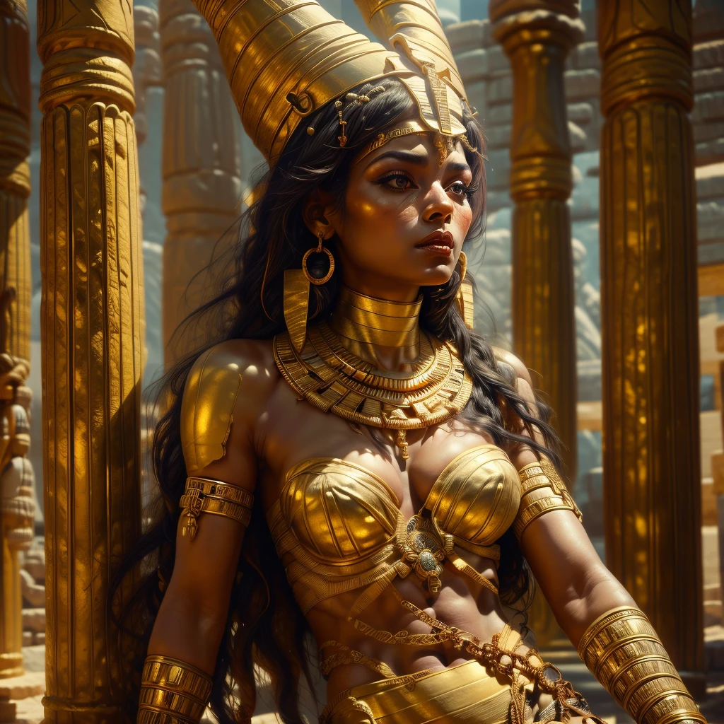 a mummy woman, detailed face and eyes, intricate egyptian-style bandages wrapped around the body, golden jewelry and ornaments, mystical glowing blue aura, ancient egyptian temple background, dramatic lighting, cinematic composition, muted color palette, masterpiece, 8k, photorealistic, hyper detailed