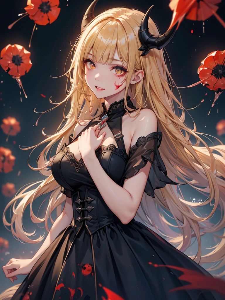 Delicate features,disaster々new devil horns,Frowning, 狂気の笑face, 最上級の笑face, Eyelids very wide open, Crazy Smile, mouth very wide open, Mouth open and teeth bared, wide lips, Very wide mouth, Frowning, Vermilion-tinted cheeks, Blonde Hair, Princess Cut, Ribbon hair ornament, brooch, Shiny candy blue dress, Gold embroidery,ta Style, Gothic style, Facing the audience, Otaku Room, Well-built body, Nice body, Ample breasts, Fleshy body,With eyes wide open、Scary atmosphere、Distorted facial expressions、ねじれた笑face、Bloody、Bleeding from the head、Blood splatter、whole body、Long Hair、Long bangs、(((Dark circles under the eyes)))、Pale skin、Feeling unwell、Pathological、邪悪な笑face、Crazy Eyes、(Grin)Dramatic makeup,Create mixed media art,Well-built,Nice body,Shoulders wider,focus on,(face),Messy Hair,Yellow Eyes,(Glowing Eyes),(Blood splatter:1.6),Red light,笑face,big 笑face,tooth,psycho 笑face,gesugao,Dark city background,darkness,night,(close),Good Eyes, good teeth,サディスティックな笑face,,all,Shiny skin,詳細なface,Beautiful body,アwhole body油まみれで光沢感がある whole bodyから湯気が出ている Steam like a sauna room fills the entire screen. White breath from the mouth Delicate lace gloves