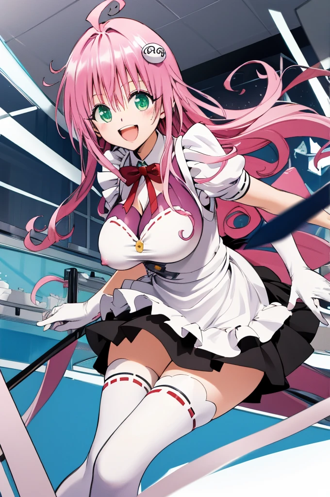 masterpiece, best quality, highres, aalala, long hair, ahoge, hair ornament, green eyes,pink hair, , (((huge breasts))), ,,looking viewer,indoor,,smile,,open mouth,,maid costume,miniskirt,thighhighs