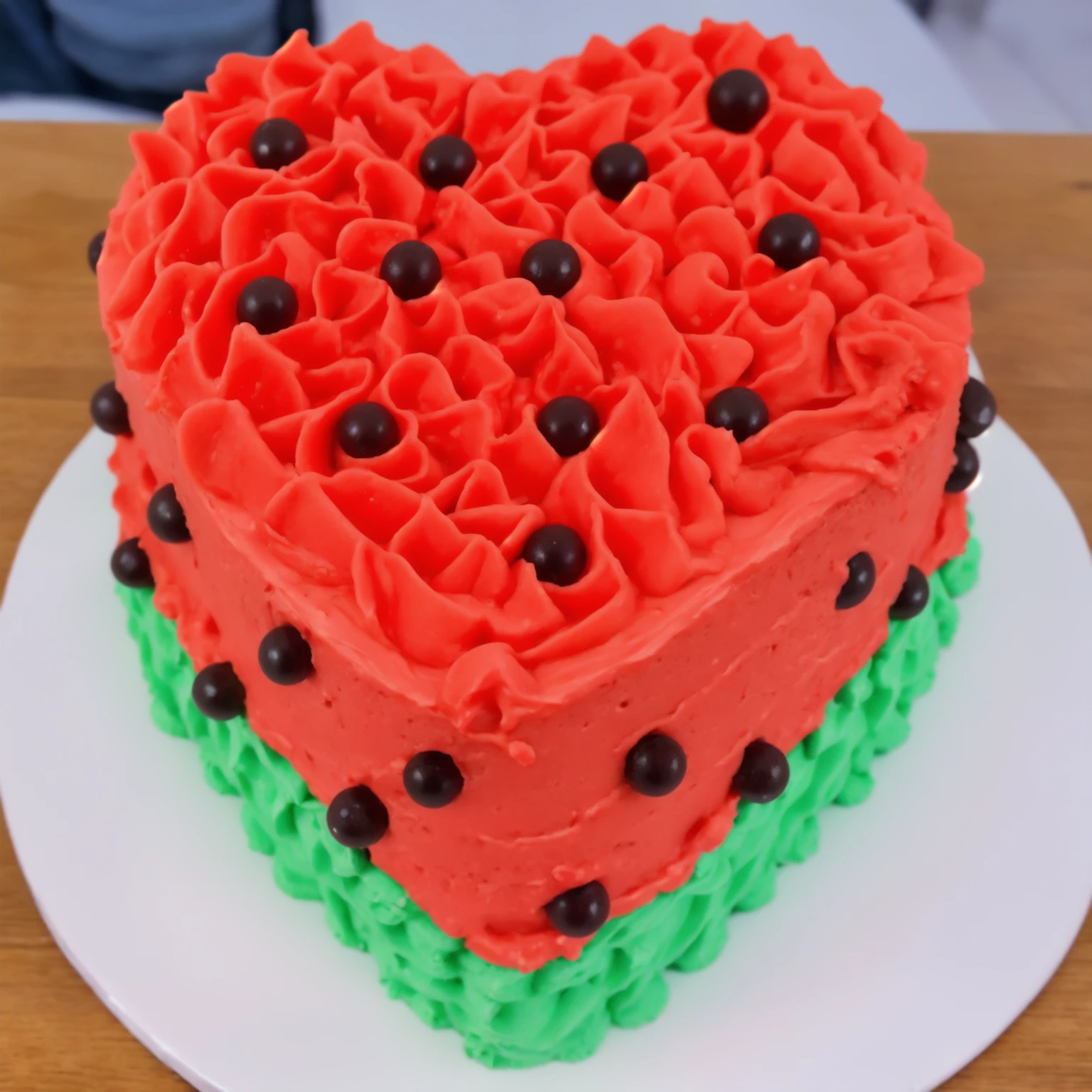 on a wooden table, red and green cream heart cake, star shaped cream, with black plastic beads, Multiple light sources, bright lighting, Realistic style , realistic texture, detailed texture, A high resolution, high quality,