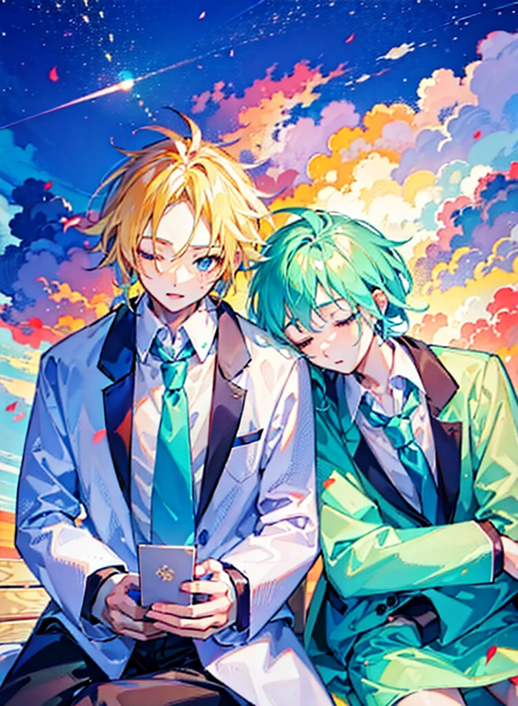 Two boys,Shoulder to Shoulder,Close your eyes,sleep,blonde,Blue-green school uniform,White shirt,Red tie,Black pants,Sitting on a bench,背景是Sunset,Sunset,sunset,美丽的Sunset,Sunset光影,Backlight,Correct warm lighting,8K,Correct human body,Detailed eye painting,illustration,Highest quality,Exquisite,Detailed face,Masterpiece,flat chest,Slim,young,16 years old,High-end,Hand Painted,Official Fanart, Visual novel, Anime style,Girly Romance, Produced by Anime Painter Studio,masterpiece, best quality, Sharp focus, Intricate details, Perfect, Golden Ratio Composition, 8K resolution, High resolution, fair, fair sky, Vibrant pastel colors, Vibrant colors
