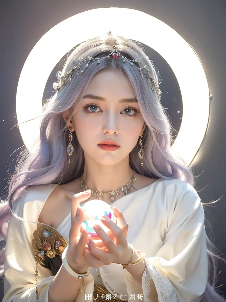 (masterpiece, top quality, best quality, official art, beautiful and aesthetic:1.2), (1girl:1.3), wavy long hair, light purple hair, extremely detailed, portrait, looking at viewer, 独奏, (full body:0.6), detailed background, close up, blue eyes, (cold arctic winter theme:1.1), Fortuneteller, charlatan, smirk, mysterious, sitting at table, colorful shoulderless loose gypsy Fortuneteller clothes, chalice, tarot cards, crystal ball, Mediovale (tent interior:1.1) background, tent curtains in background, dark mysterious lighting, shadows, magical atmosphere, starry night,, dutch angle,Holding a glowing ball in hand