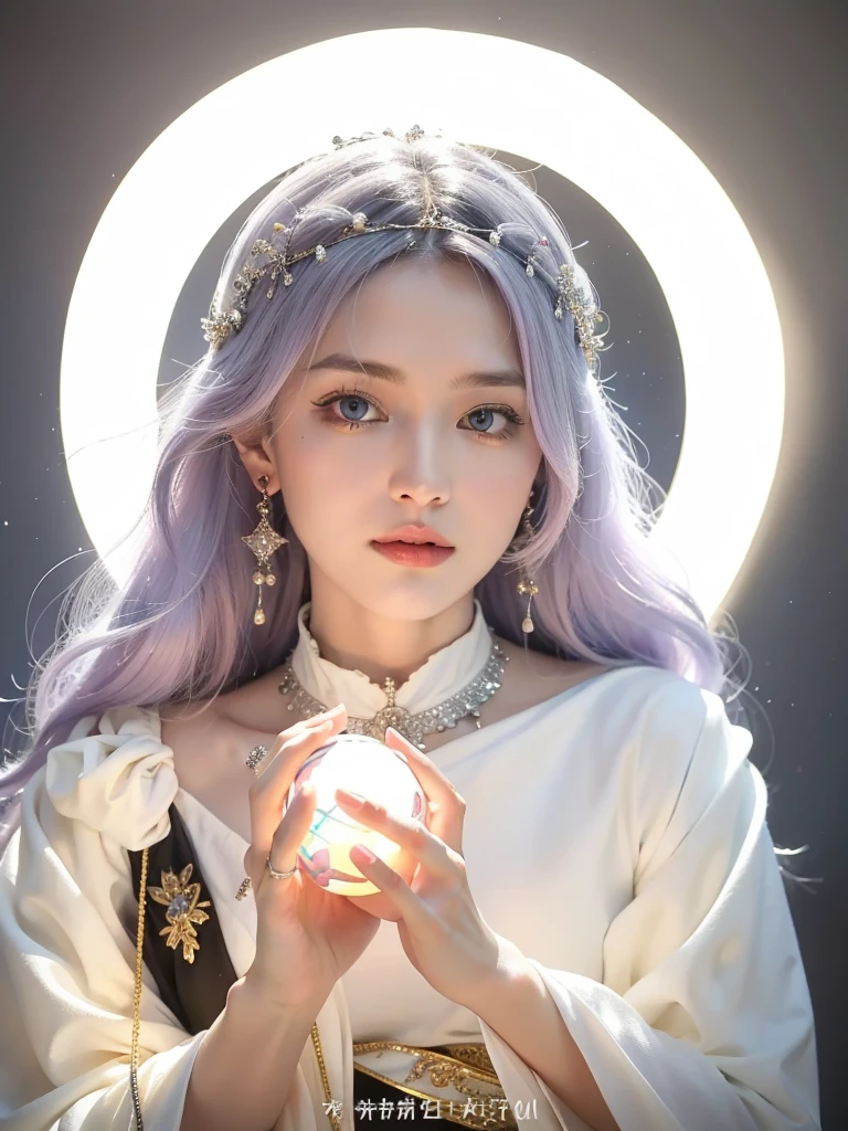 (masterpiece, top quality, best quality, official art, beautiful and aesthetic:1.2), (1girl:1.3), wavy long hair, light purple hair, extremely detailed, portrait, looking at viewer, 独奏, (full body:0.6), detailed background, close up, blue eyes, (cold arctic winter theme:1.1), Fortuneteller, charlatan, smirk, mysterious, sitting at table, colorful shoulderless loose gypsy Fortuneteller clothes, chalice, tarot cards, crystal ball, Mediovale (tent interior:1.1) background, tent curtains in background, dark mysterious lighting, shadows, magical atmosphere, starry night,, dutch angle,Holding a glowing ball in hand