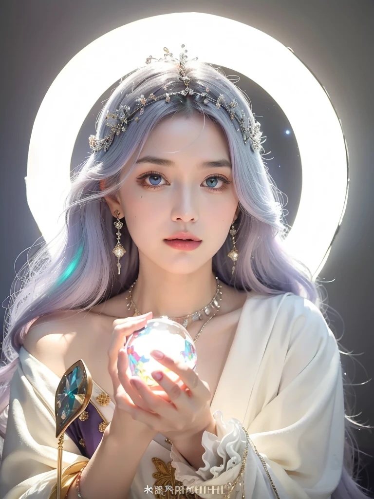 (masterpiece, top quality, best quality, official art, beautiful and aesthetic:1.2), (1girl:1.3), wavy long hair, light purple hair, extremely detailed, portrait, looking at viewer, 独奏, (full body:0.6), detailed background, close up, blue eyes, (cold arctic winter theme:1.1), Fortuneteller, charlatan, smirk, mysterious, sitting at table, colorful shoulderless loose gypsy Fortuneteller clothes, chalice, tarot cards, crystal ball, Mediovale (tent interior:1.1) background, tent curtains in background, dark mysterious lighting, shadows, magical atmosphere, starry night,, dutch angle,Holding a glowing ball in hand