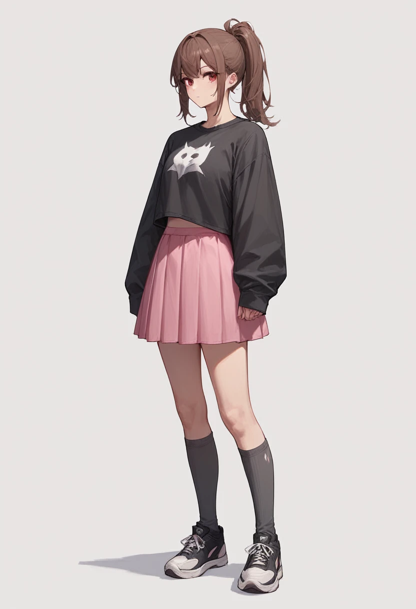 1 girl, brown hair in a ponytail, red eye color, dark gray high socks, black sneakers, black sweatshirt, pink full skirt, White background, standing straight