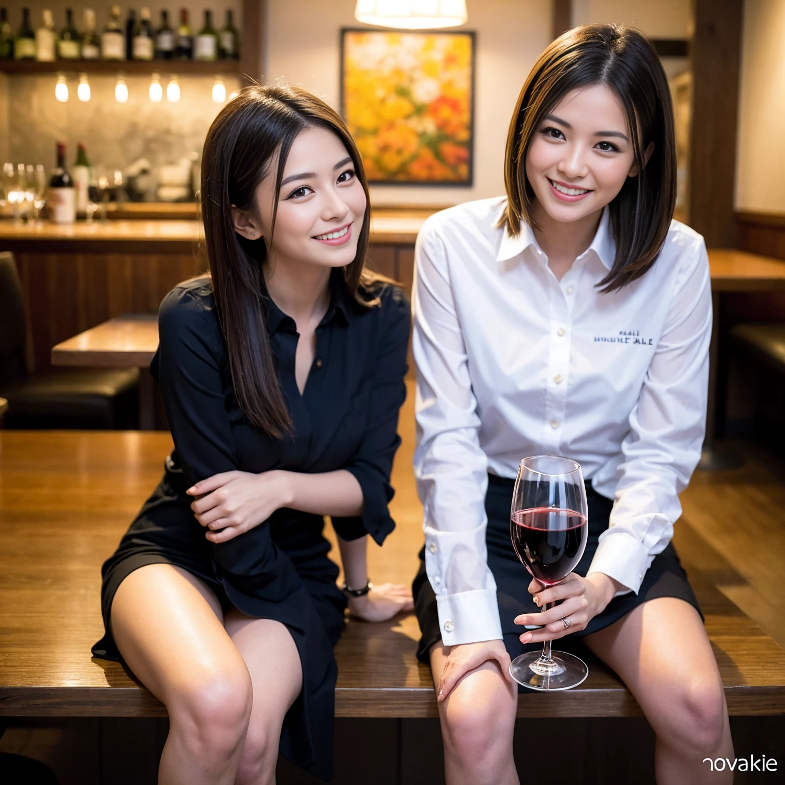 ((Highest quality、、masterpiece:1.3))、1 male、1 female、spouse、Beautiful couple、Japanese couple、smile、 (Slim face), (the body is スリム), (Brown Hair), (Shortcuts), ((Bob Hale、Straight hair:1.2)), テーブルの上のwine glass、Please shine a light on my face、 Amazing view of the sunset sky and clouds、Amazing mountain views、smileの美しさ、Bright imYear、Blushing, Shortcuts,Bright Face、 Year), 39 Year, red wine 、Appetizers、Italian food、Wine bottle、Champagne、sparkling wine、Long sleeve shirt、dress、Attractive beauty、restaurant, Nova Frog Style, actress, model, Upper Body, White wine, red wine, wine glass,
