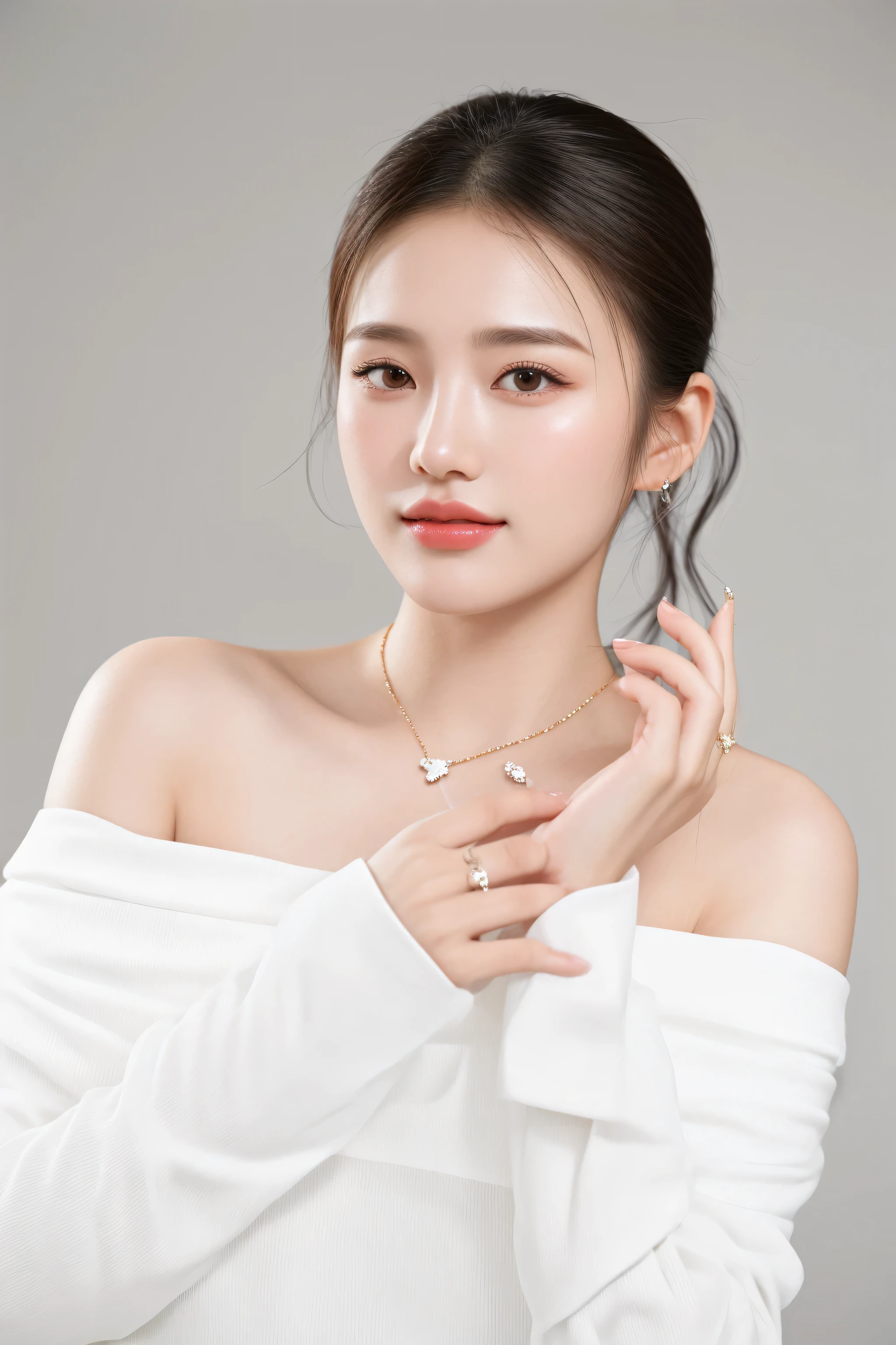 arafed woman in white dress holding a necklace and a pair of earrings, young beautiful woman, a young asian woman, wearing elegant jewellery, photo of a hand jewellery model, young asian woman, beautiful young korean woman, gorgeous young korean woman, beautiful young asian woman, wearing jewelry, young asian girl, a cute young woman, wearing jewellery