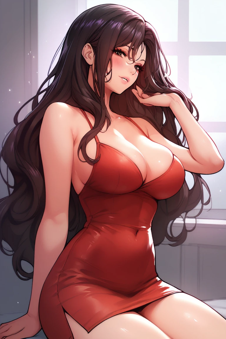 score_9, score_8_up, score_7_up, score_6_up, score_5_up, score_4_up, yu hee, brown eyes, black hair, long hair, large breasts, red short dress, bare shoulders,