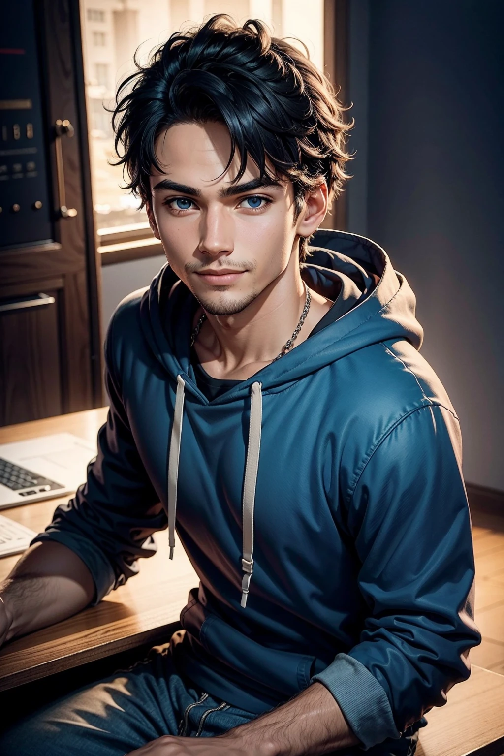PNg render of a young man sitting at a modern marble desk looking into the camera, the man is wearing a dark hoodie, filmmaker neaon blue background cruffy short black hairn hands on table, clear skin texture, cinematic, warm, soft, lighting, close portrait, smiling, 24MM Lens, F/1.4, Ar 9:16, in the style of a disney pixar character
