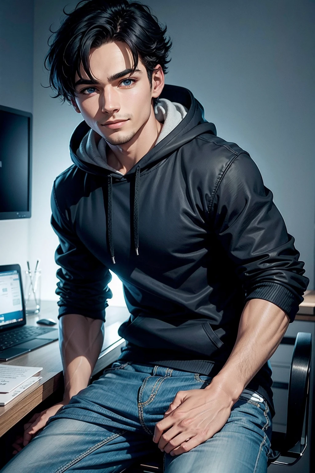 PNg render of a young man sitting at a modern marble desk looking into the camera, the man is wearing a dark hoodie, filmmaker neaon blue background cruffy short black hairn hands on table, clear skin texture, cinematic, warm, soft, lighting, close portrait, smiling, 24MM Lens, F/1.4, Ar 9:16, in the style of a disney pixar character