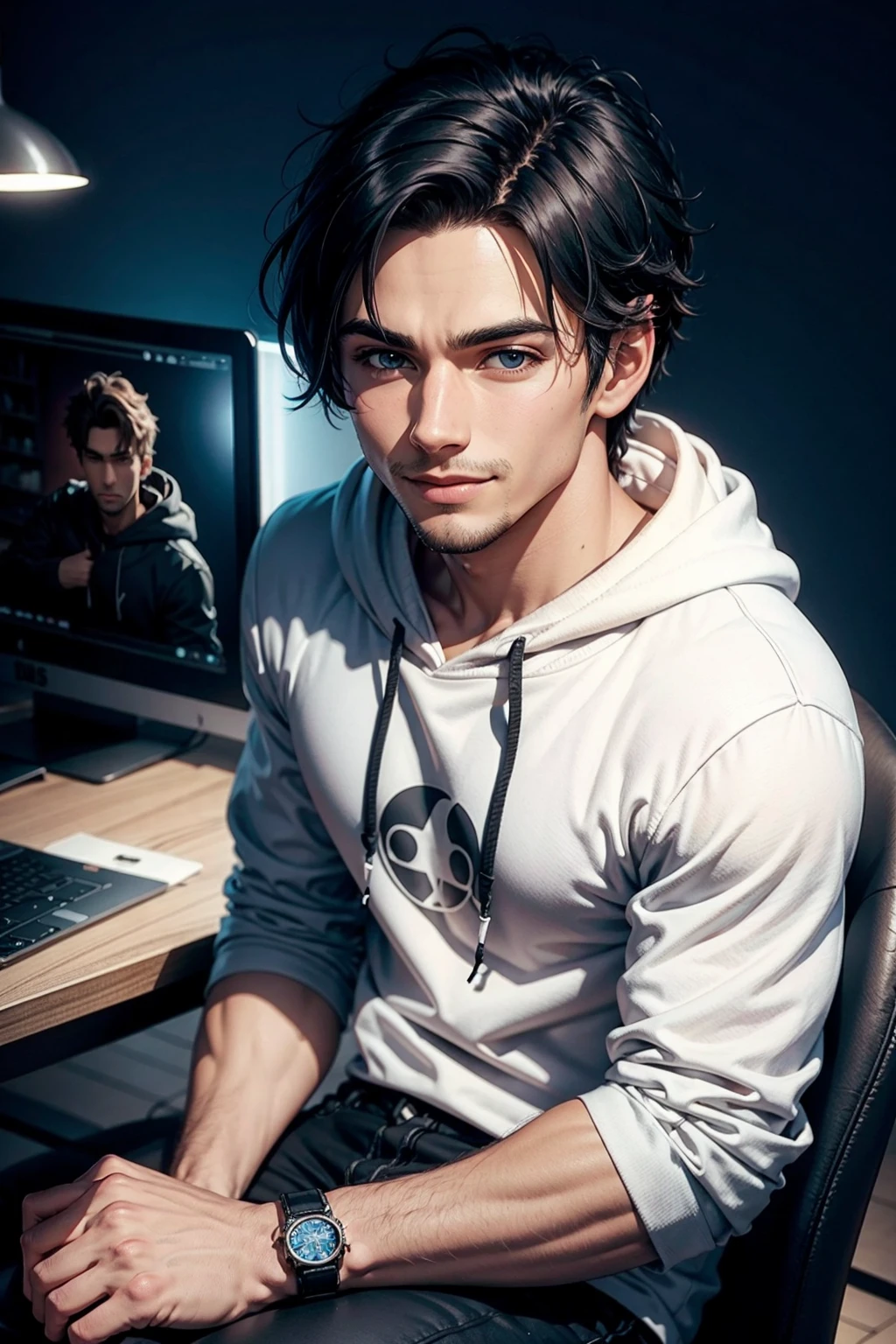PNg render of a young man sitting at a modern marble desk looking into the camera, the man is wearing a dark hoodie, filmmaker neaon blue background cruffy short black hairn hands on table, clear skin texture, cinematic, warm, soft, lighting, close portrait, smiling, 24MM Lens, F/1.4, Ar 9:16, in the style of a disney pixar character