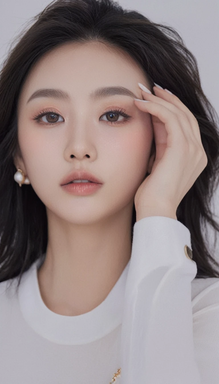 medium wide close-up, potrait, wide shoot, profile photo, front photo, 1girl, woman, (Photorealsitic)、(intricate detailes:1.2)、(masterpiece、:1.3)、beauty face, (top-quality:1.4)、(超A high resolution:1.2)、超A high resolution、(A detailed eye)、(detailed facial features), ((Realistic lighting、top-quality、8K、natural light, masterpiece:1.3))、bright photo, Clear focus:1.2、1girl in、flawless beauty:1.4、Superfine Face、Narrow-eyed、double eyelid、photos realistic, perfect eyes, perfect skin, detailed skin, detailed face, looking viewer, front view, potrait, raw photo, simple soft pink background, (intricate detailed skin textured:1.4) front view, looking viewer, clear face, 1 girl、porate、Bright and very beautiful face、beautiful girl, A stunning close-up portrait showcasing the beauty of a Korean model. The composition features soft, natural lighting , bright eyes, and striking cheekbones. Her glossy, The background is simply white background, wear sweetshirt, neat hair, long hair, instagram model, profil picture, bright and natural