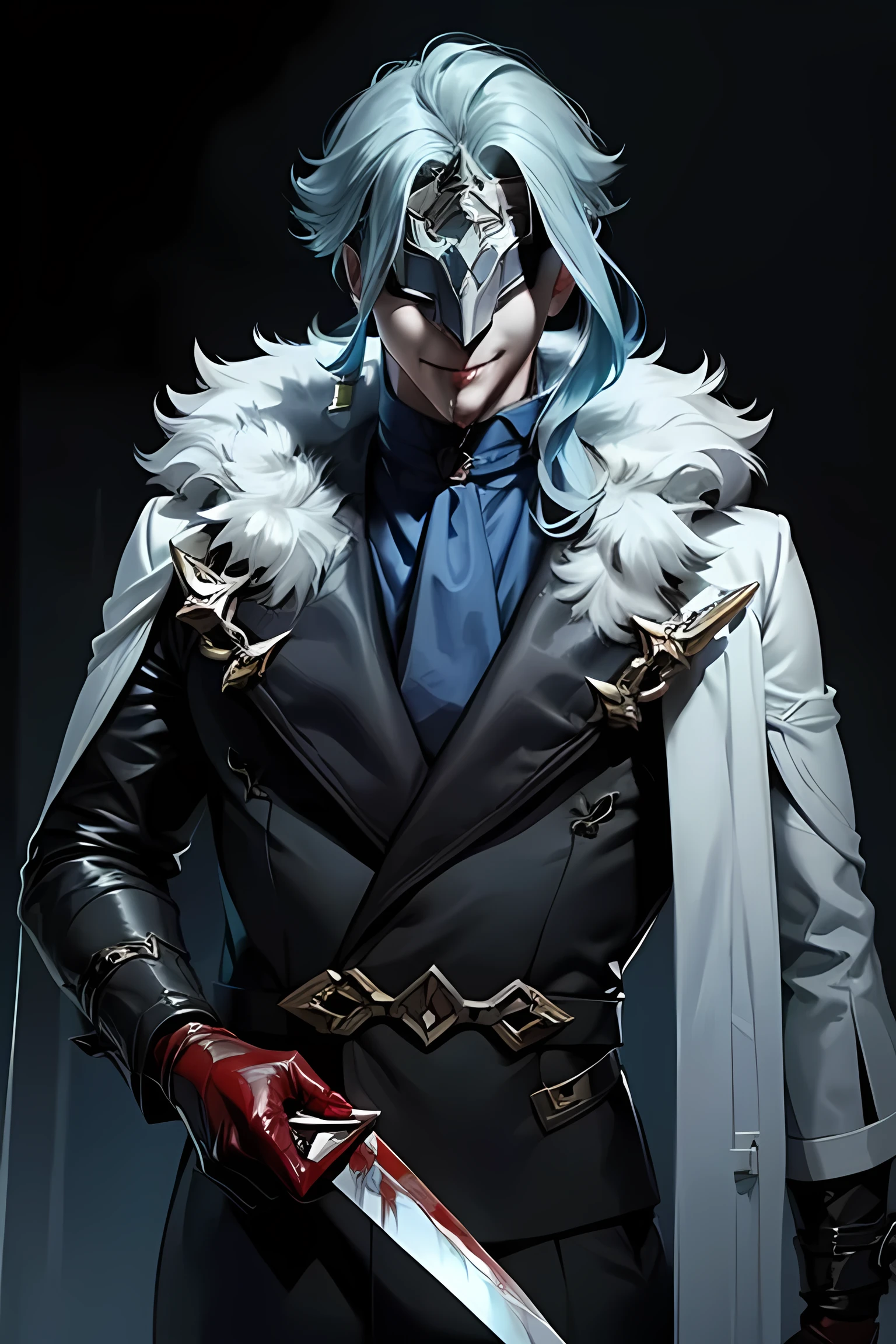 dottore, 1boy, eye mask, light blue hair, fur-trimmed coat, male focus, blood on clothes, blood, solo, detailed face, knife in hand, blood on knife, licking knife blood, blood on cheeks, knife in hand