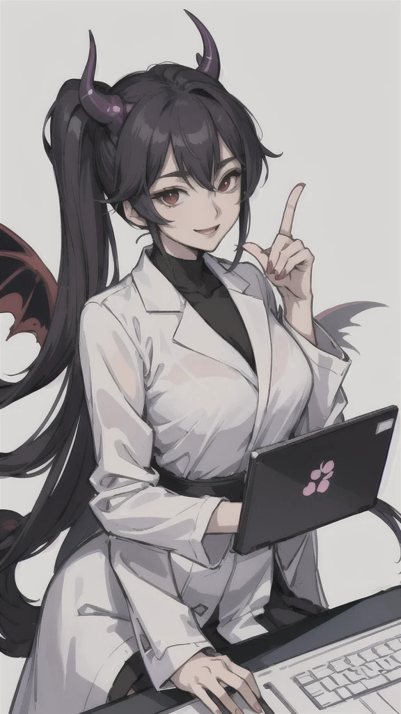 (masterpiece:1.2, best quality), (1lady, solo, upper body:1.2), An anime-style illustration of Shinobu Kocho from “Demon Slayer”. She is wearing a lab coat and a skirt, sitting in a laboratory. She is using a laptop and looking at the camera with a smile.