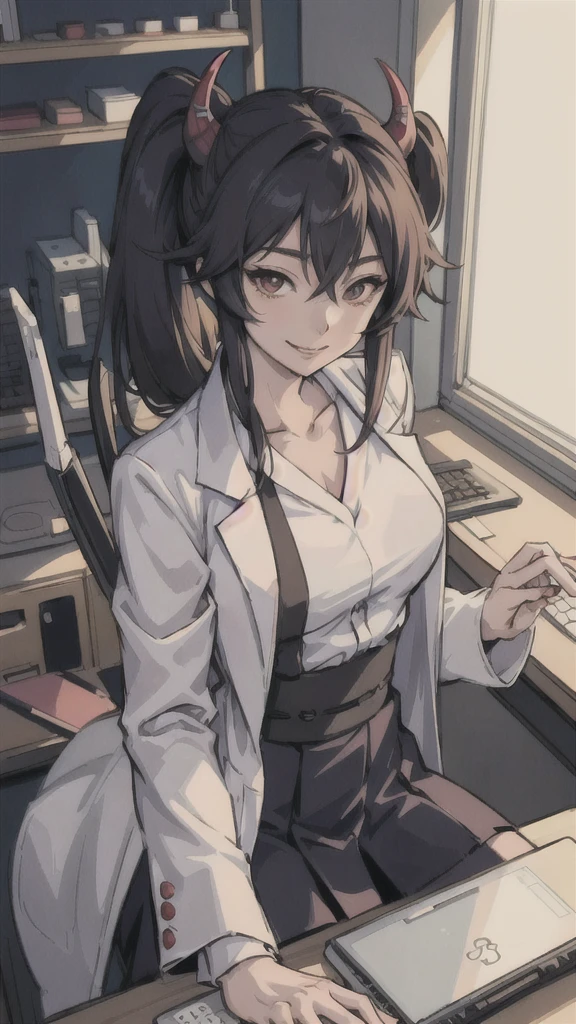 (masterpiece:1.2, best quality), (1lady, solo, upper body:1.2), An anime-style illustration of Shinobu Kocho from “Demon Slayer”. She is wearing a lab coat and a skirt, sitting in a laboratory. She is using a laptop and looking at the camera with a smile.
