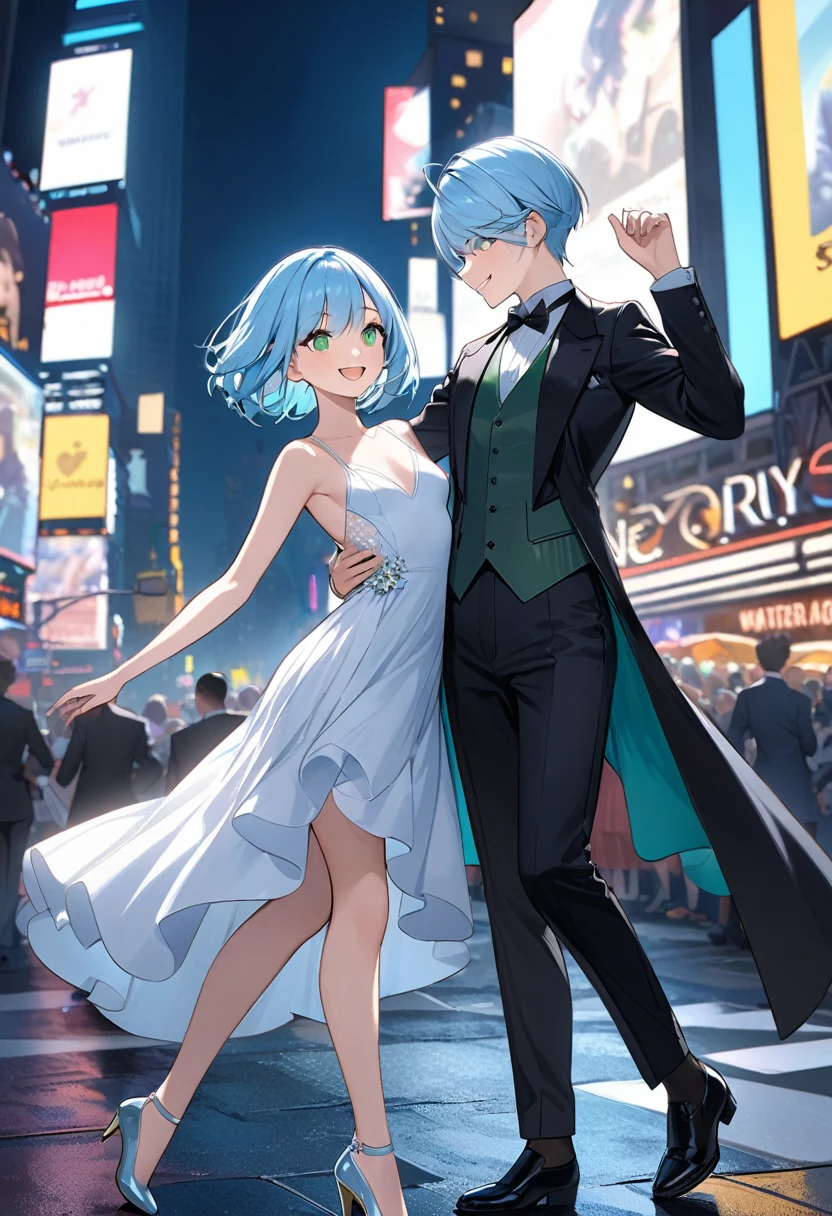 Highest quality、Light blue hair、Short Bob、Deep green eyes、Small breasts、new york、Night view、Times Square、she wares black tailcoat、Dancing with a smile