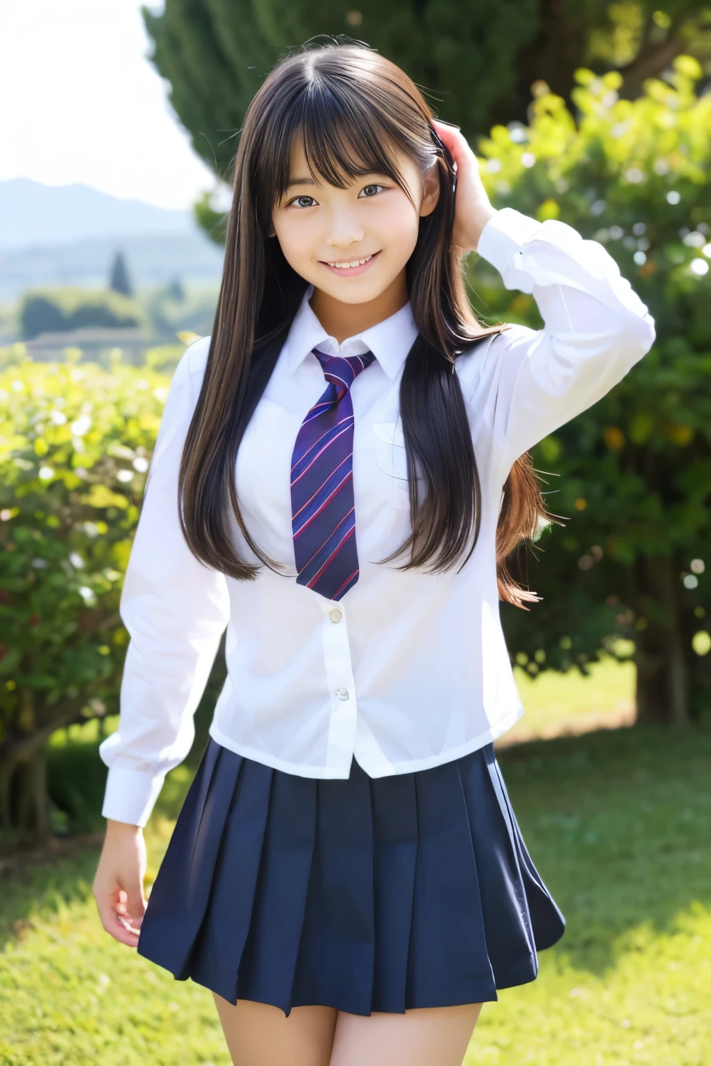 (((masterpiece))),  (Beautiful Japanese Girl, Classmate, Landscape and innocence，cute) ，Ultra-high resolution, Realistic, Ultra-detailed, 8K,Highest quality, Very detailed, Detailed Background,Slender,とてもBeautiful Japanese Girl, Detailed face:1.3), Full-body display，(Short ponytail，Black Hair :1.4), (Baby Face，cute系,Adorable 12 year old girl), (Perfect body:1.1),  (school uniform，mini skirt、Sweating、Small white panties), The best smile,非常にDetailed face、Beautiful thighs，Detailed lips、Detailed eyes、 gravure idol，Clear Skin，Crouching，Girl&#39;s Room