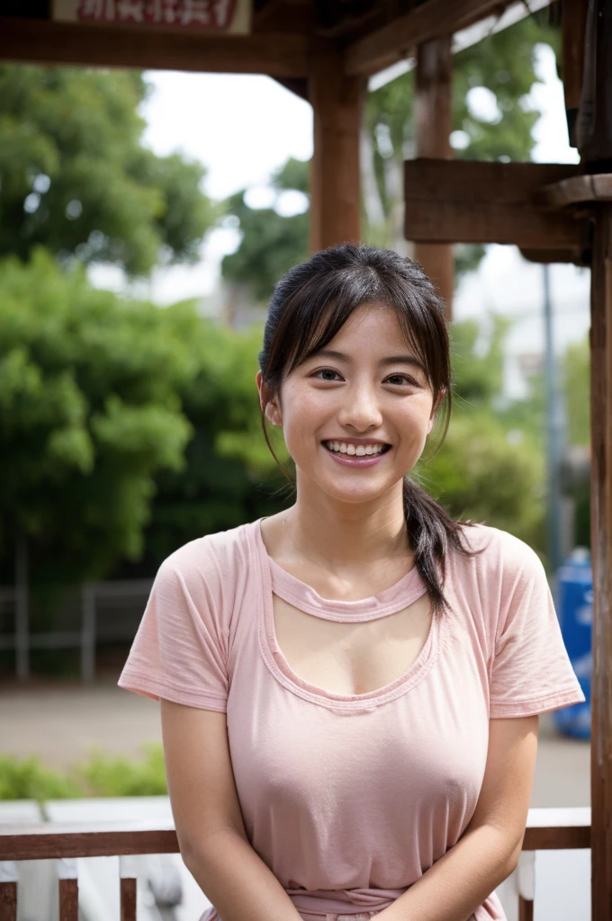 48 years old　D cup saggy breasts　woman　A kind smile　Big eyes　Front teeth　Japanese　classmate　High resolution, Highest quality, super high quality, Ultra-detailed, Cinematic lighting、On the street、Sweaty、Sweat、Black-haired、Idol girl singing on the bandstand、Big smile、sunny day、Spread your legs、Spread your legs、sunny day、Full nudity、huge 、Nipples、Browsing Caution、punk