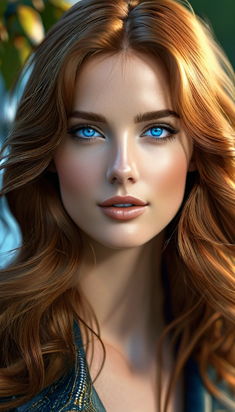 Create a realistic model, skin fair, chestnut hair, blue colored eyes, Canadian.