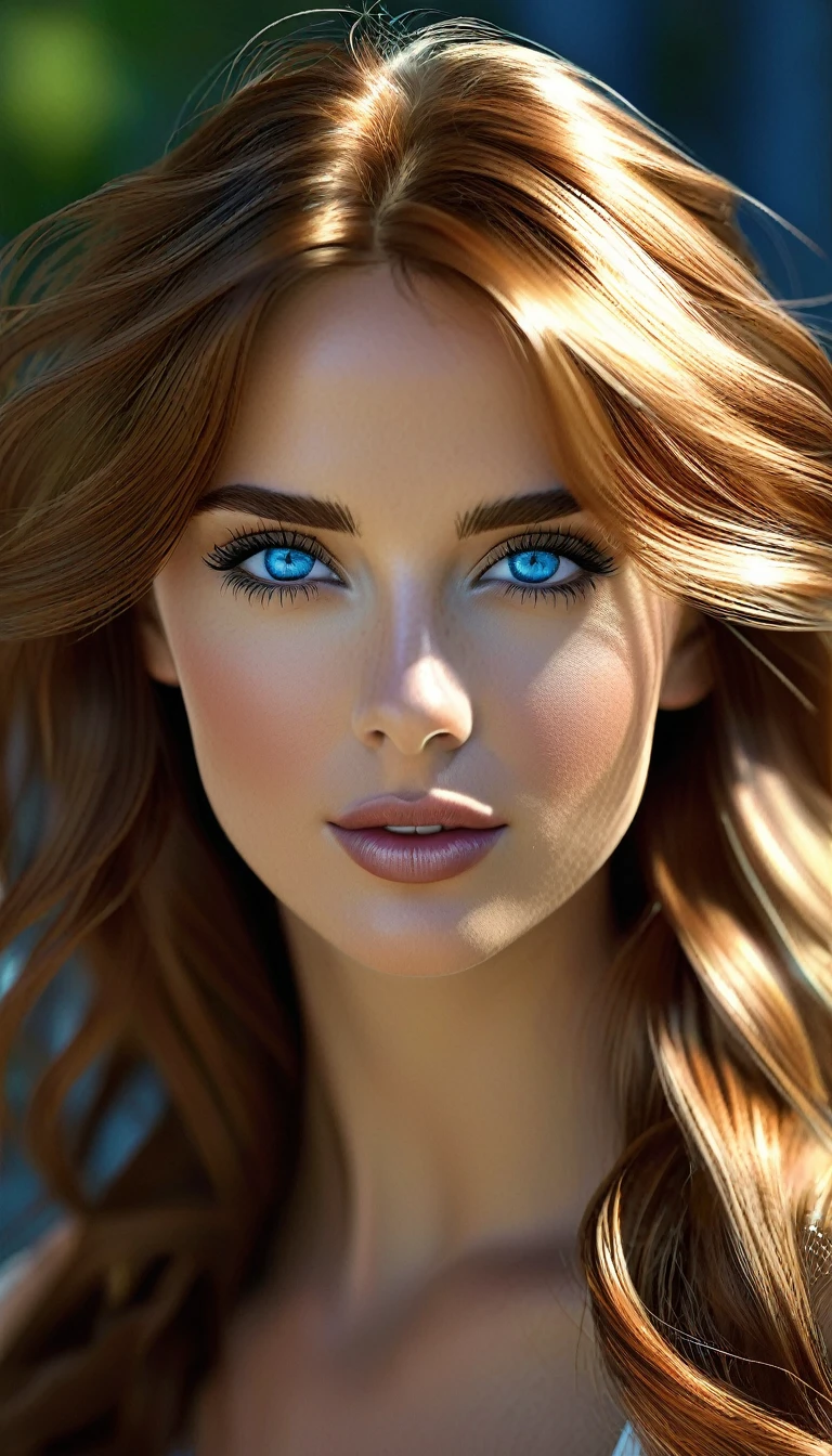 Create a realistic model, skin fair, chestnut hair, blue colored eyes, Canadian.