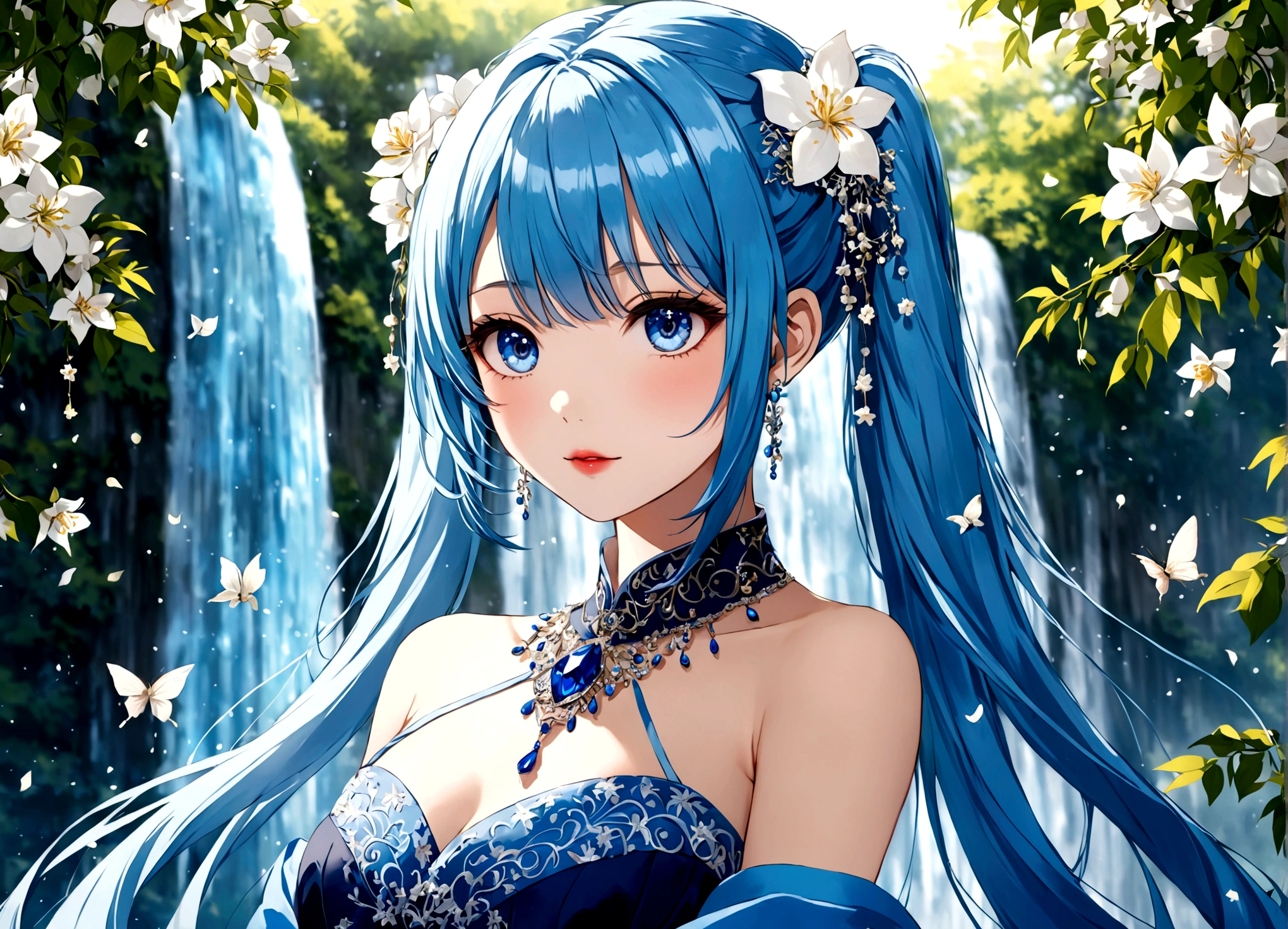 She was wearing a wide-sleeved, double-breasted shirt,White flowers embroidered on the dress,It's like a star in the night sky,There is a blue ribbon tied around the waist,It contrasts sharply with her clothes.,Eye-catching。Her twin ponytails flow like a waterfall,Gently fluttering in the breeze。Her blue eyes are deep and bright,Like the brightest star in the night sky,Reveals a fascinating sense of mystery。Her red lips are so beautiful,It's like a blooming flower,People can't help but want to kiss Fangze。Her face is beautiful,With a faint smile,Gives people a feeling of warmth。 a giant tree, giant tree,(masterpiece:1.2,best quality),(depth of field:1.6),(real picture intricate details),looking at viewer,standing,Portrait Of Stunningly Beautiful Girl,1girl,独奏,(big eyes), Ice Blue hair,short_twintails_Bunches, blue Lace dress,Her temperament is noble and elegant,As if he were a nobleman from a noble family.。Confidence and calm attitude give people an invisible charm。Her figure is slim and graceful,Like a carefully carved work of art。Light and smooth movements,Like a dancer in a dance,Every movement is full of life force and beauty.。