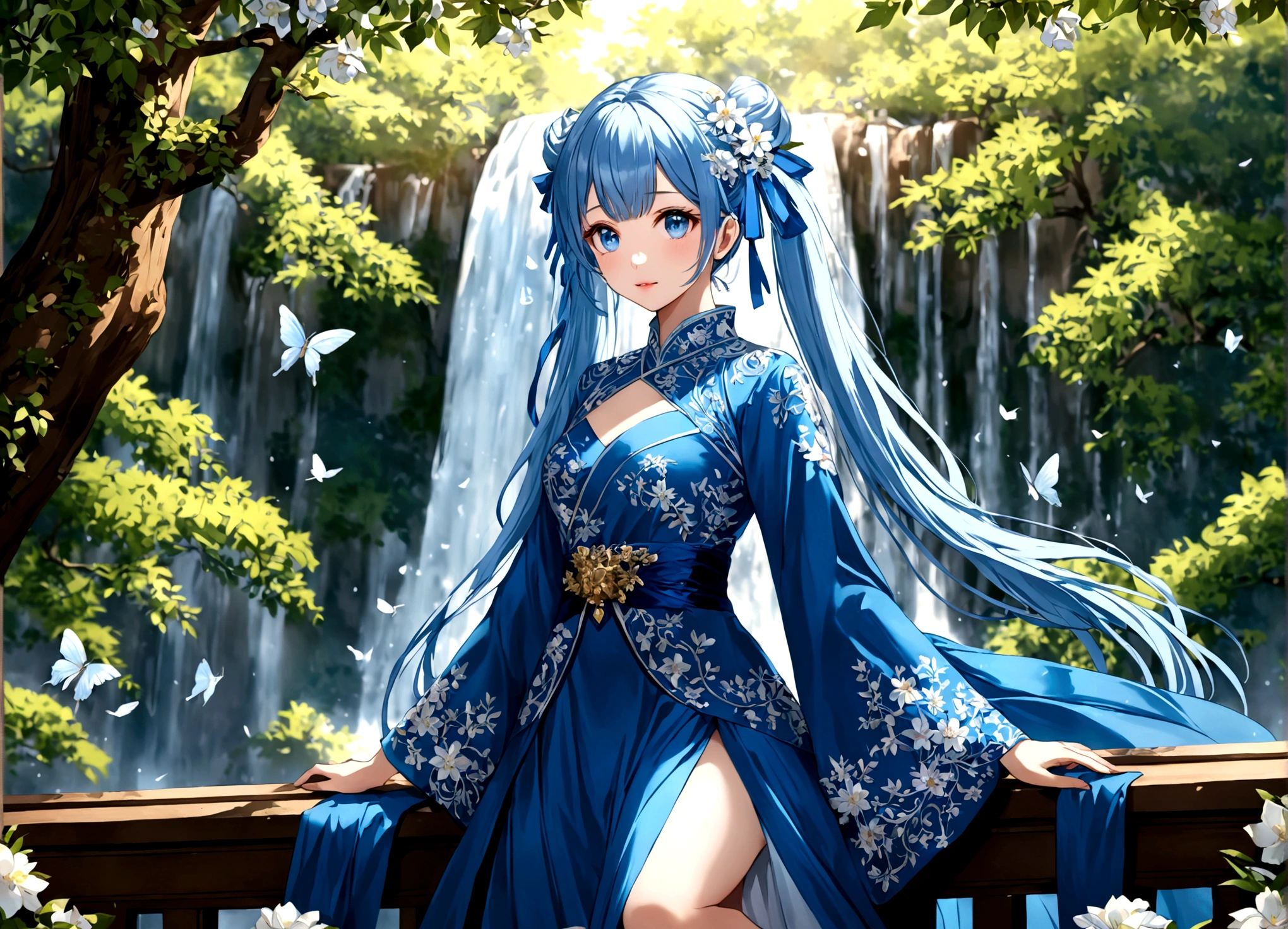 She was wearing a wide-sleeved, double-breasted shirt，White flowers embroidered on the dress，It's like a star in the night sky，There is a blue ribbon tied around the waist，It contrasts sharply with her clothes.，Eye-catching。Her twin ponytails flow like a waterfall，Gently fluttering in the breeze。Her blue eyes are deep and bright，Like the brightest star in the night sky，Reveals a fascinating sense of mystery。Her red lips are so beautiful，It's like a blooming flower，People can't help but want to kiss Fangze。Her face is beautiful，With a faint smile，Gives people a feeling of warmth。 a giant tree, giant tree,(masterpiece:1.2,best quality),(depth of field:1.6),(real picture intricate details),looking at viewer,standing,Portrait Of Stunningly Beautiful Girl,1girl,独奏,(big eyes), Ice Blue hair,short_twintails_Bunches, blue Lace dress,Her temperament is noble and elegant，As if he were a nobleman from a noble family.。Confidence and calm attitude give people an invisible charm。Her figure is slim and graceful，Like a carefully carved work of art。Light and smooth movements，Like a dancer in a dance，Every movement is full of life force and beauty.。