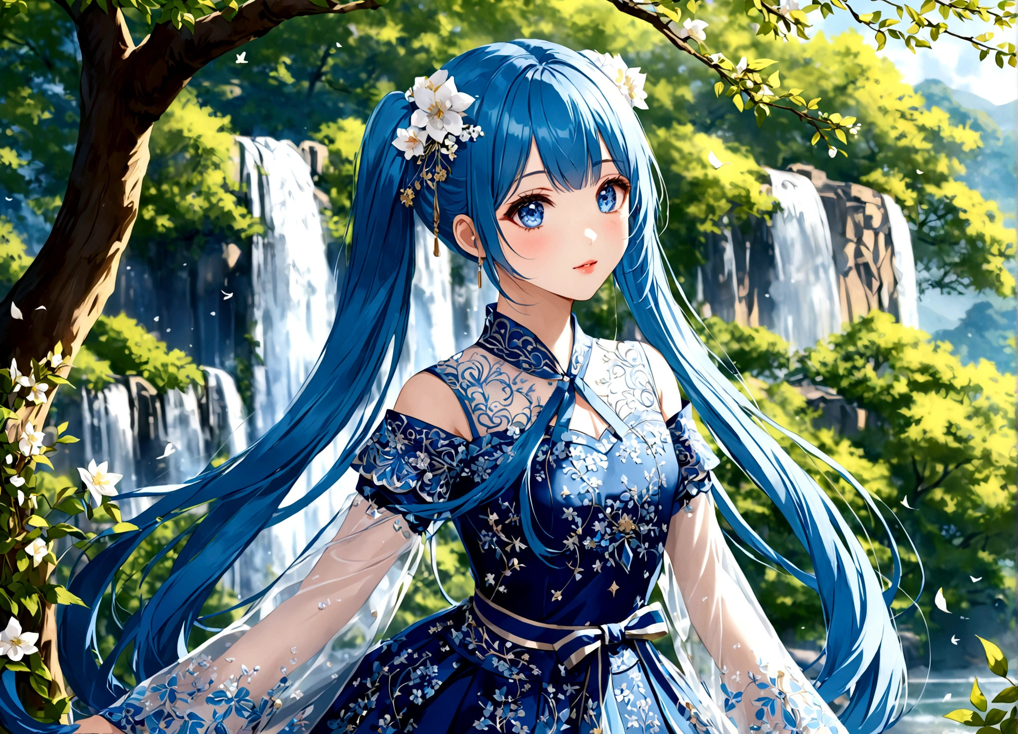 She was wearing a wide-sleeved, double-breasted shirt，White flowers embroidered on the dress，It's like a star in the night sky，There is a blue ribbon tied around the waist，It contrasts sharply with her clothes.，Eye-catching。Her twin ponytails flow like a waterfall，Gently fluttering in the breeze。Her blue eyes are deep and bright，Like the brightest star in the night sky，Reveals a fascinating sense of mystery。Her red lips are so beautiful，It's like a blooming flower，People can't help but want to kiss Fangze。Her face is beautiful，With a faint smile，Gives people a feeling of warmth。 a giant tree, giant tree,(masterpiece:1.2,best quality),(depth of field:1.6),(real picture intricate details),looking at viewer,standing,Portrait Of Stunningly Beautiful Girl,1girl,独奏,(big eyes), Ice Blue hair,short_twintails_Bunches, blue Lace dress,Her temperament is noble and elegant，As if he were a nobleman from a noble family.。Confidence and calm attitude give people an invisible charm。Her figure is slim and graceful，Like a carefully carved work of art。Light and smooth movements，Like a dancer in a dance，Every movement is full of life force and beauty.。