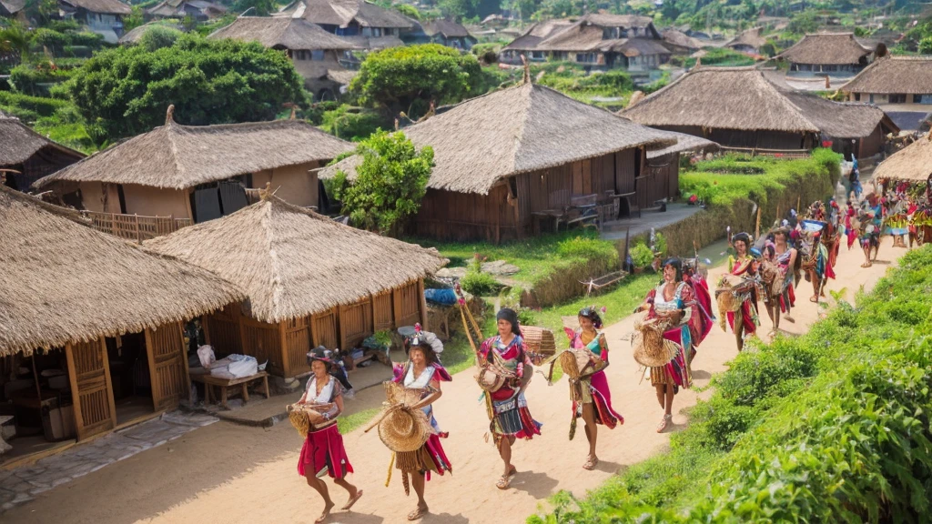 ((best quality)), ((masterpiece)), large crowd tight formation of many women wearing bikini tribe outfit walking between thatched-roof houses. The background shows rows of houses or buildings whose roofs are made of natural materials such as straw or thatch, which gives the impression of a traditional village or settlement. The atmosphere of this image looks like a parade or special event involving many female participants.