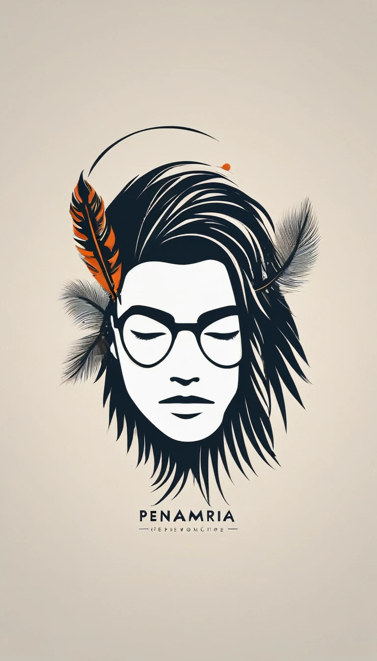 A minimal, modern, simple, cinematic logo design for the brand “Penamemoria". The logo design of a boy with a head of a feather playing acoustic guitar. The logo must convey a sense of music, stories and dreams. Minimalistic logo design of a boy dissolving into a feather of dreams and memories