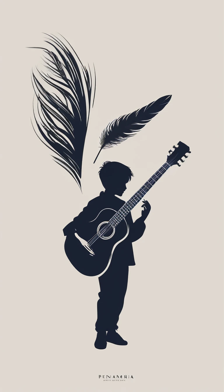 A minimal, modern, simple, cinematic logo design for the brand “Penamemoria". The logo design of a boy with a head of a feather playing acoustic guitar. The logo must convey a sense of music, stories and dreams. Minimalistic logo design of a boy dissolving into a feather of dreams and memories