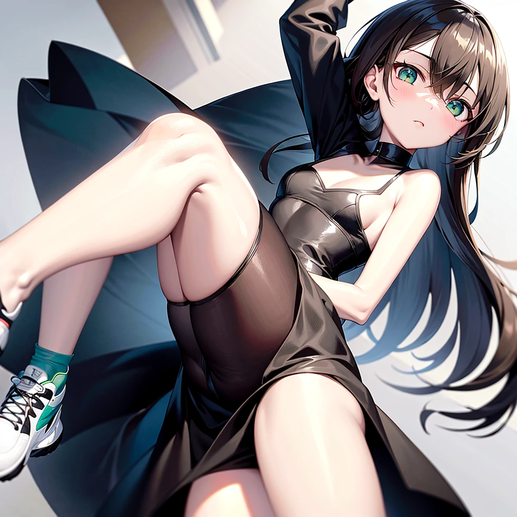 Best quality, (connected_dicephaly:1.1), (2 heads:1.1), 1 girl, One, black dress, White running shoes, Brown hair, green eyes, absurd.