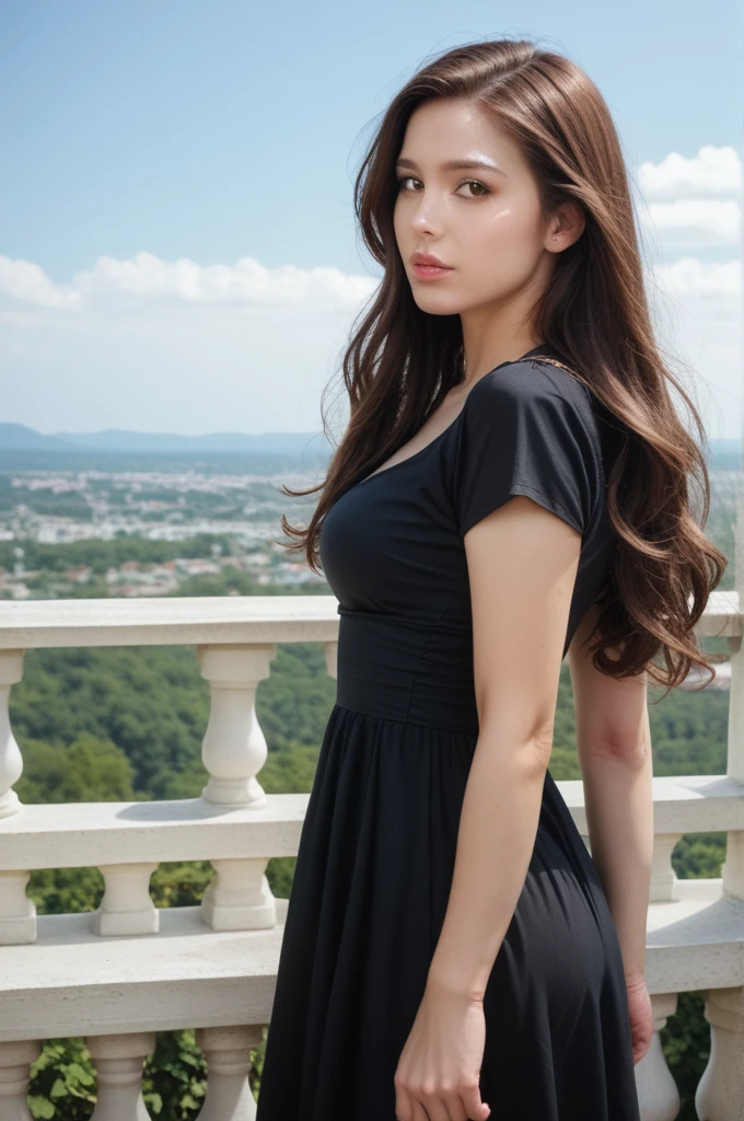 score_9, score_8_up, score_7_up,High resolution,realistic,8K,Crisp lines, High definition, Intricate details,real,photorealistic,30 years old,detailed face,beautiful woman's face,brown hair, beautiful eyes,sharp eyes,brown eyes, breasts, closed mouth,long brown hair, facing viewer,looking at viewer, breasts, outdoors, parted lips, profile, brown hair, short sleeves, sidelocks, sky, solo, standing, very long hair, black dress