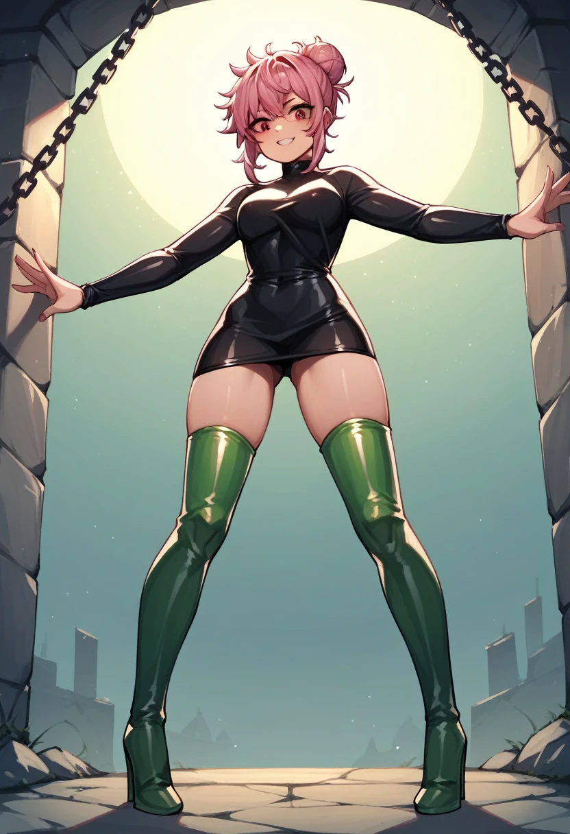 score_9, score_8_up, score_7_up, score_6_up, score_5_up, score_4_up, source_anime, 1girl, pink hair, hair bun, red eyes, w-w-chain, spread arms, messy hair,latex black shirt,thigh high boots,green boots,heels,dungeon, best quality, best res, 4K UHD, 8K UHD, 
 