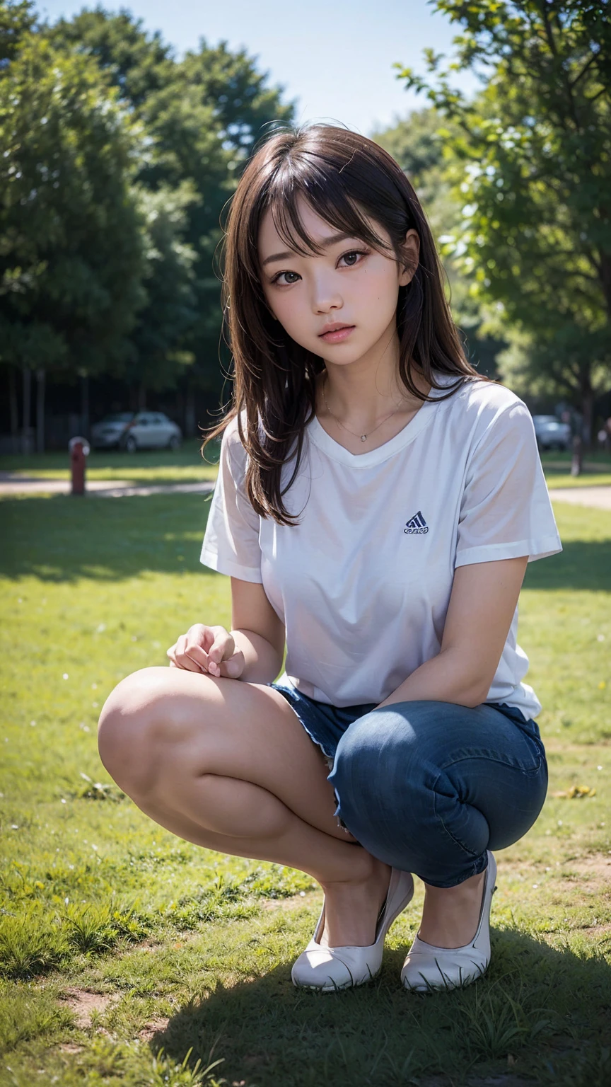 1 Female,((One girl)),((:1)), cowboy_shot,(from_front:1.5),Eye of the worm,squat,自分のfeetを抱きしめる, On the grass,10 generations, Very young,純真なbeautiful少女たち, Idol&#39;s face, Delicate girl:1,feet,knees,(elegant_Sandals:1),(Tunic blouse:1.0), (Ruffled tops:1.0), (trainer:1),(cardigan:1),Sleeves are longer than the wrist, overly too long sleeves, (denim_skirt:1.3),at the park,(knees_Away:0.8),(white_elegant_pantiess are visible:1.3),(seamless_pantiess:1.3),正面from:1), (race_embroidery_panties:0.8), masterpiece, Highest quality, 8K,(beautiful_skin:1),Detailed face,Smooth bristles, Glowing black eyes,Sparkling eyes,Childish,RAW Photos, Professional Lighting, Film Grain, chromatic aberration,Expressionless, (Small eyes and face:1.0), (Bokeh:1.1),School Bags