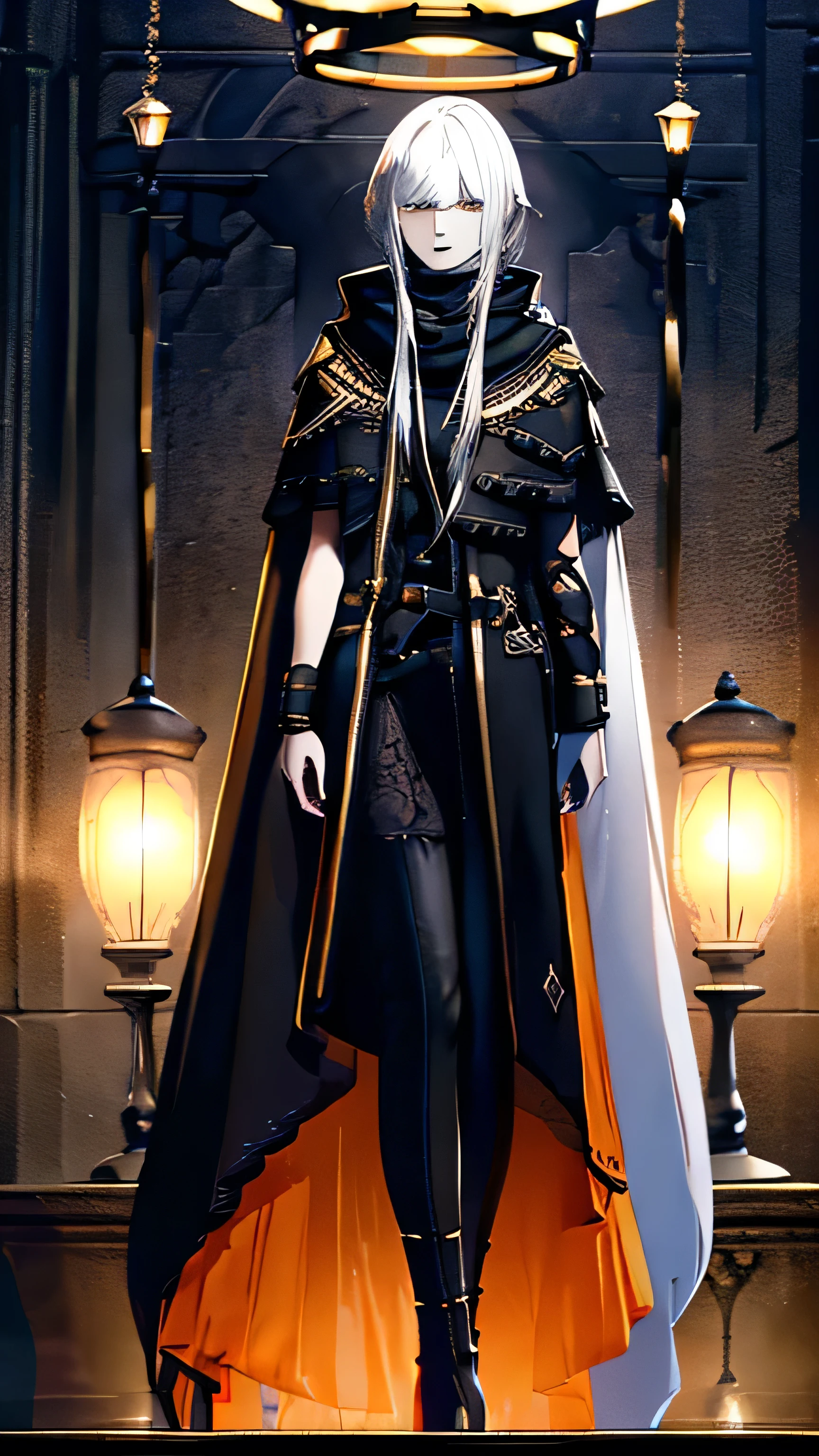 Tomb keeper　the　funeral　black　neutral　white　monotone　chic　stylish　lanthanum　ore　Fantasy　Standing with your legs apart　lamp　Decadent　Mourning clothes　beautiful　dark　Long coat　the神　scarf　orange　gold　White Hair　Silver Hair　black obsidian　asymmetry　cape　demise