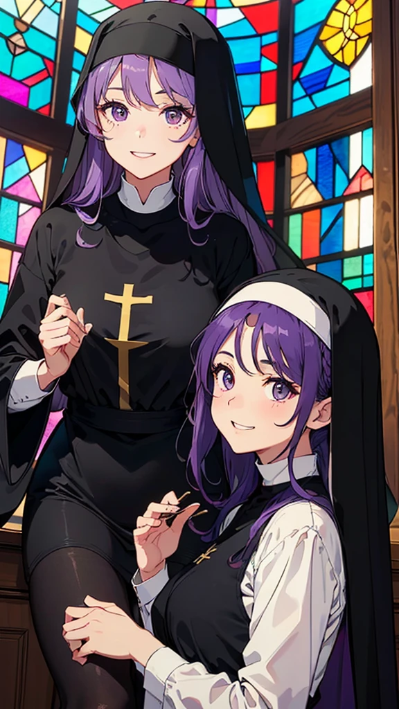 ((Highly detailed CG unit 8k wallpaper、masterpiece、High resolution、Highest quality))、Long Hair、Wavy Hair、Curly Hair、(Beautiful purple haired nun、Wearing a black veil:1.4、Wearing a black monastic uniform:1.4、Wearing black tights:1.4)、((Highly detailed face、Highly detailed black eyes、Both eyes are the same color:1.2、Highly detailed body、Highest qualityのリアルなテクスチャ スキン))、(Purple Hair、Long Hair、De Pere Blanca)、(old wooden church、Stained Glass:1.2)、Ultra-realistic digital 、Wide-open eyes、Beautiful Eyes、double eyelid、Double eyelids、Beautiful nose、 (smile:1.2)、 (laughing:1.2)、A big smile、にっこりlaughing、 (The whole body is shown:1.2)、Adult women、20generation、Active、Cheerful woman、