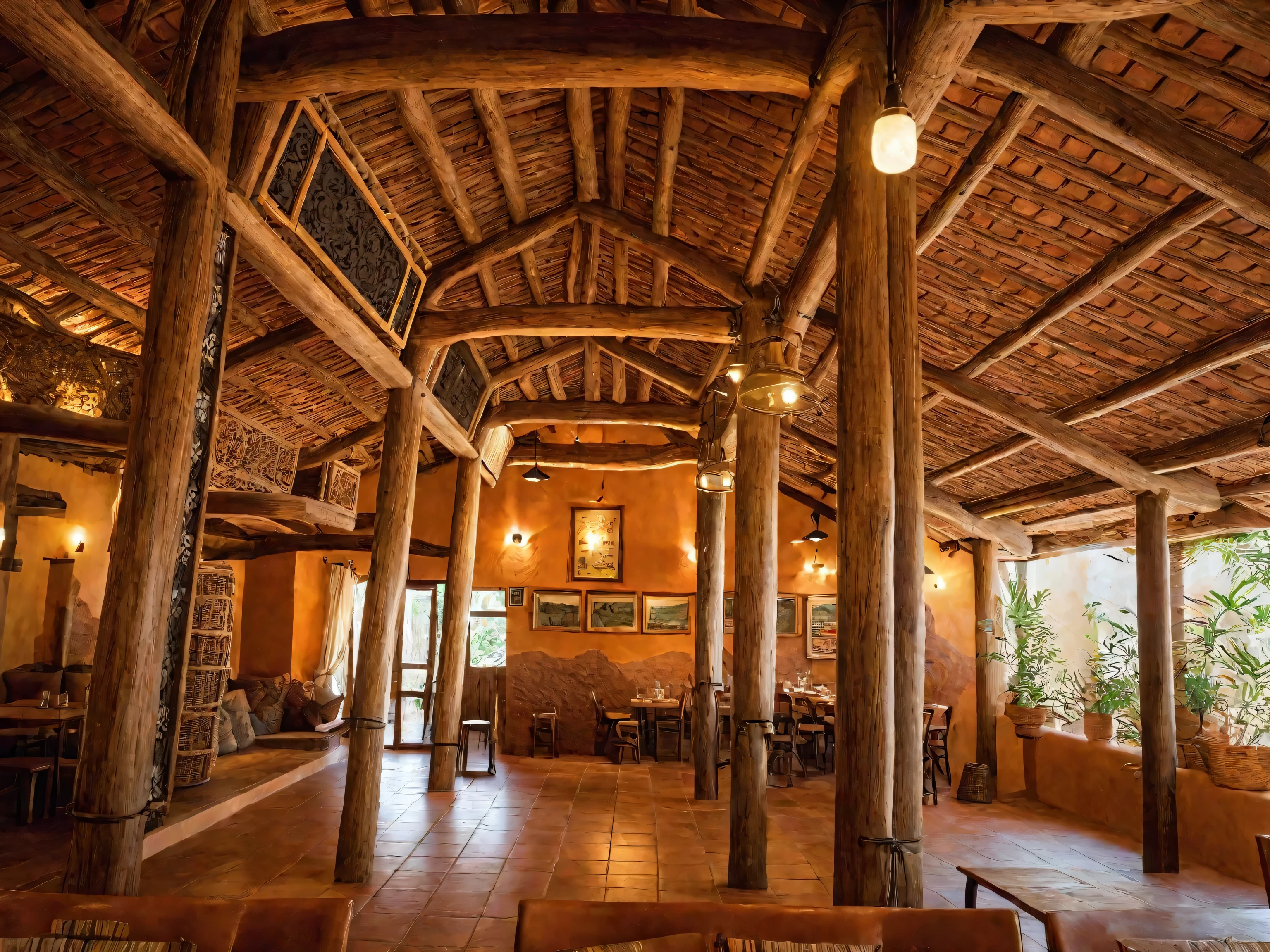 Rustic restaurant, primary material clay, rustic furniture, clay walls and decor, wooden tables and chairs, warm earthy tones, cozy ambiance, natural lighting, artisanal pottery, handmade elements, open layout, inviting atmosphere