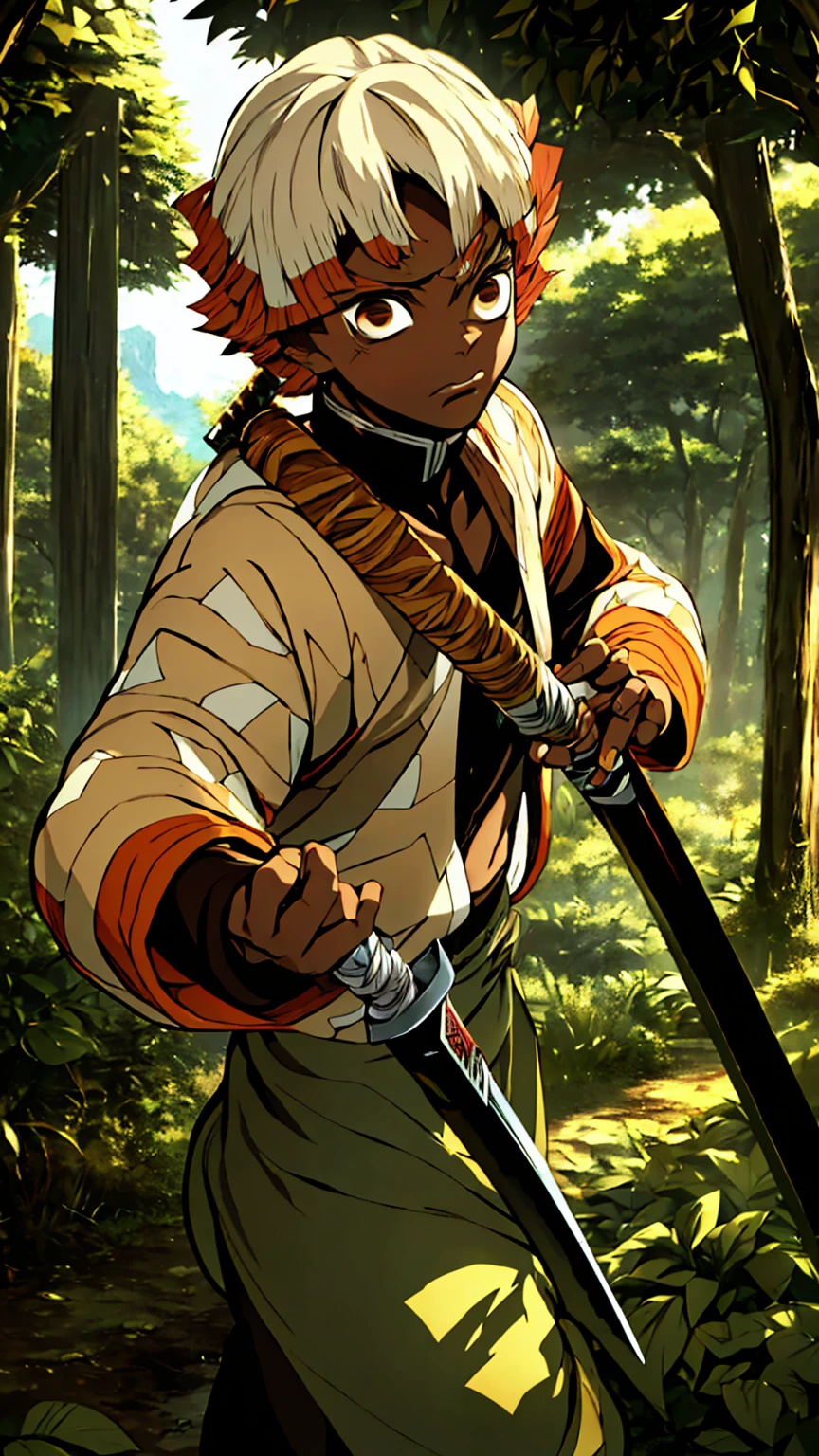 a dark skinned boy, with a red iris, aged , short kid, white hair, strong gaze, amidst the forest, vagabond art style, kentaro miura art style, berserk style, holding sword, Close up angle, basic sword fighting stance, pose, Agatsuma Zenitsu / Kimetsu no Yaiba