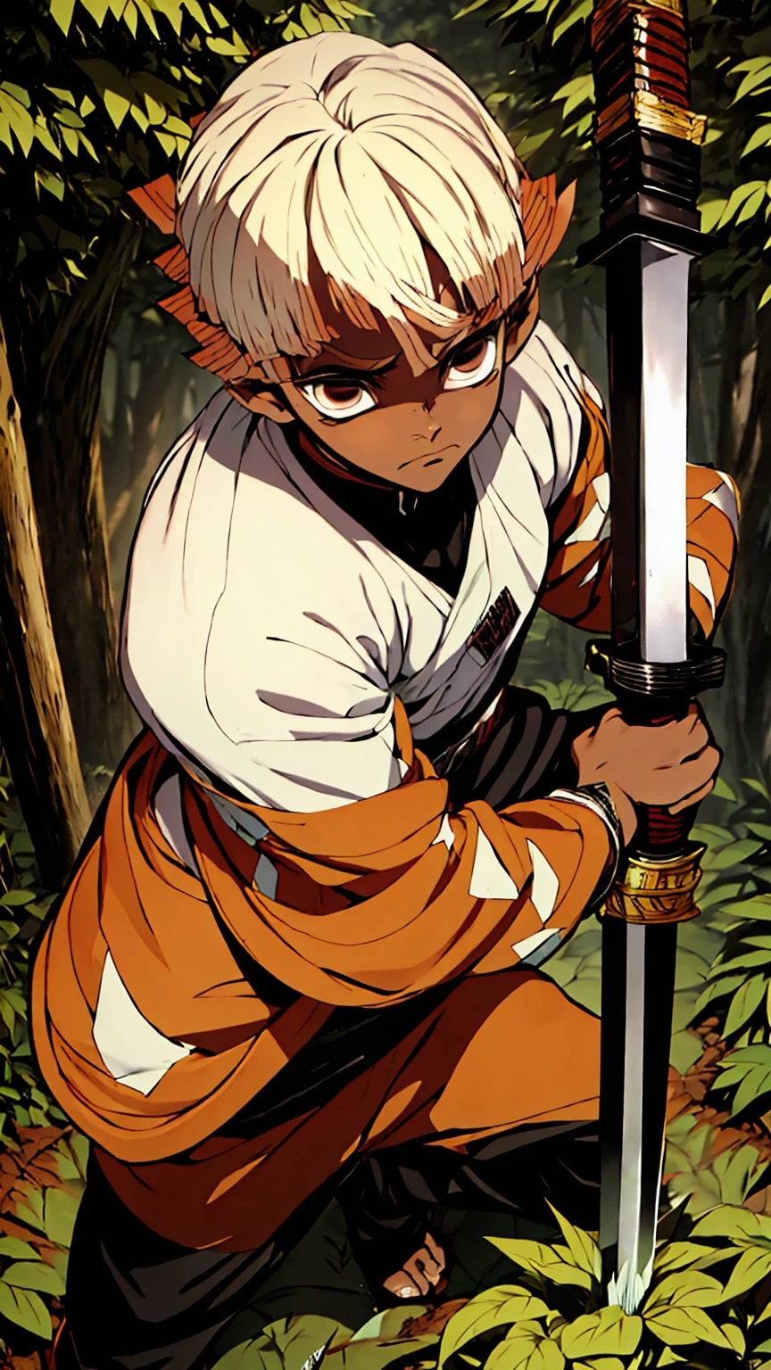 a dark skinned boy, with a red iris, aged six years, short kid, white hair, strong gaze, amidst the forest, vagabond art style, kentaro miura art style, berserk style, holding sword, Close up angle, basic sword fighting stance, pose, Agatsuma Zenitsu / Kimetsu no Yaiba