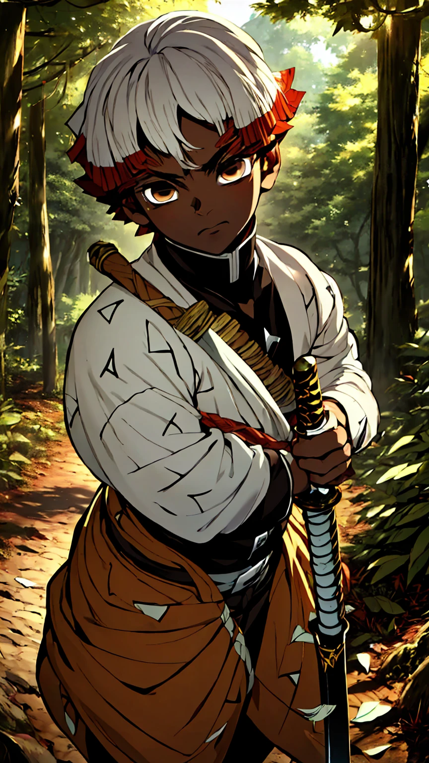 a dark skinned boy, with a red iris, aged , short kid, white hair, strong gaze, amidst the forest, vagabond art style, kentaro miura art style, berserk style, holding sword, Close up angle, basic sword fighting stance, pose, Agatsuma Zenitsu / Kimetsu no Yaiba