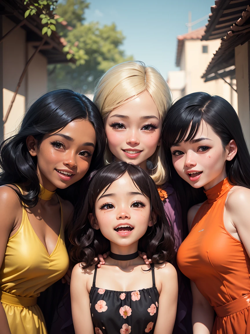 create image of a 3D caricature Israel Oliveras Horta style, laughing, ultra-humorous, funny weird illustration, at the Malay village, Three Malay chibi girls, each with a unique style and personality, stand together in a close-knit group. They are all smiling broadly, radiating warmth and joy. The chibi girl in the center, with her curly brown hair, is wearing an orange dress with a floral pattern and gold jewelry. The chibi girl on the left, wearing a blue headscarf, has a sweet and gentle expression. The chibi girl on the right, with her long black hair, exudes confidence and strength. The mood is one of friendship, unity, and celebration. with exaggerated features and vibrant colors. The lighting is soft and warm, casting a glow on their faces. The background is blurred, drawing attention to the women’s bond. The rendering is incredibly detailed, giggling, very funny, very humorous illustration. 