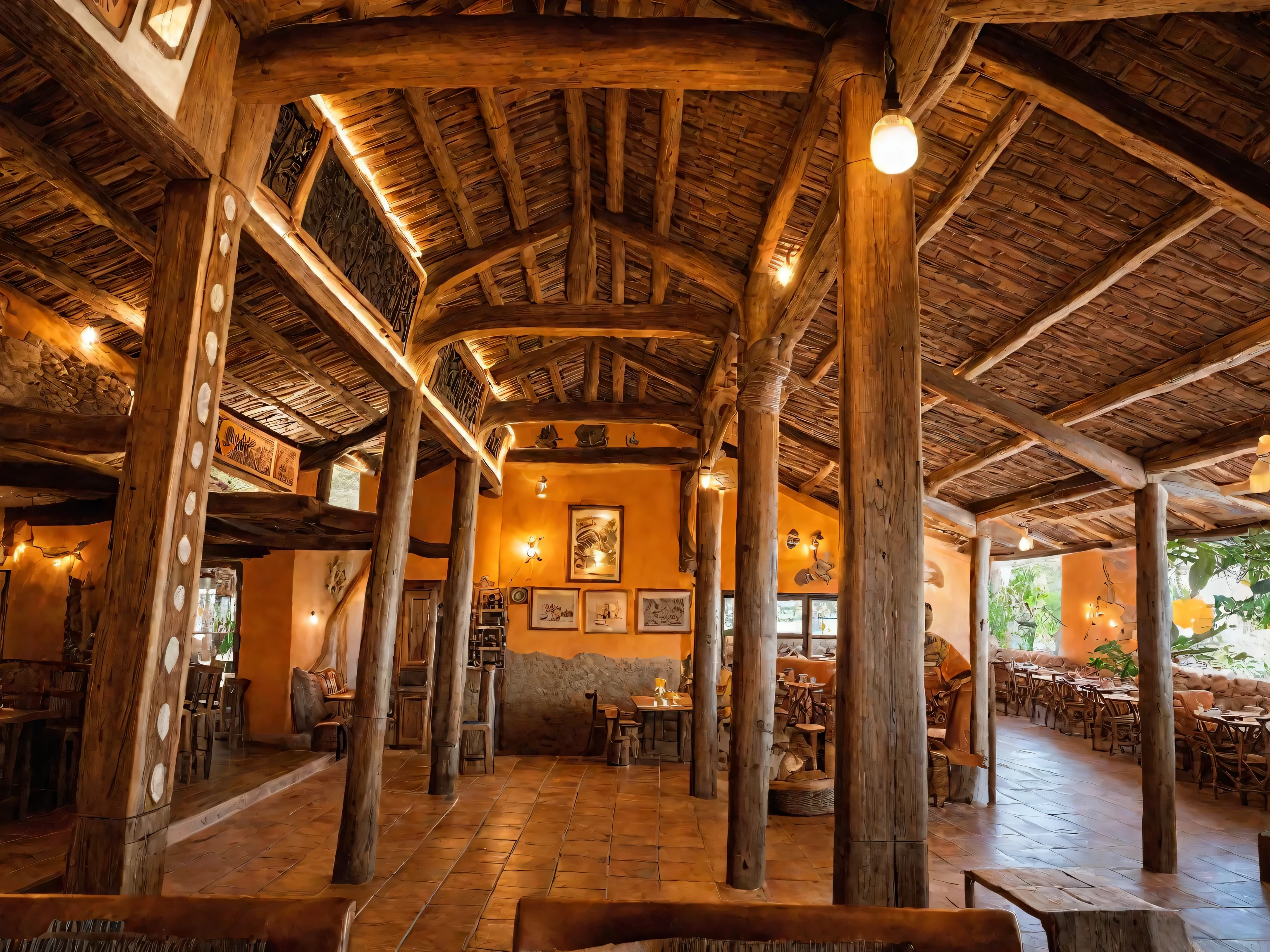 Rustic restaurant, primary material clay, rustic furniture, clay walls and decor, wooden tables and chairs, warm earthy tones, cozy ambiance, natural lighting, artisanal pottery, handmade elements, open layout, inviting atmosphere