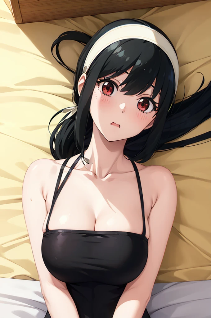 (SFW:1.8、masterpiece, Highest quality),女の子1people々, 一people々in, Absurd、現実inは捉えられないディテールと美しさ、hyper Realistic, Realistic,Realistic, whole :2,、(((Black Hair、Long Hair、She is very 美しい and cute、Beautiful long neck:1.8)))、Ideal body type、Beautiful long neck:1.6、Perfect Anatomy、people々Beautiful pads that make you feel happy:2、自然in快適な照明、((Black Hair、White hair band))、Beach、Swimwear、Shyness、Swimwearの紐が外れている、Lean back、Red eyes、Yor Briar、Laugh shyly、Eye highlights、口を手in隠す、Turn your face to the side、The strings are untied、Blushing、On the sandin仰向けになっている、Swimwearの紐は解けている、Expand your chest、Sandy Beach、Beach、Open your mouth、Squint your eyes、Sleeping on the floor、Cleavage、On the sand、On the sandin寝ている